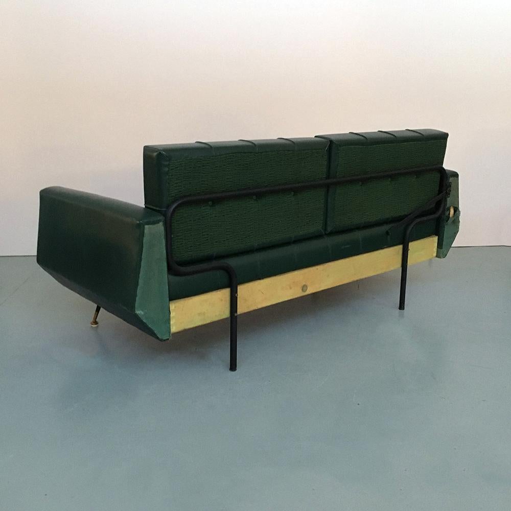 Italian Green Faux Leather and Metal Set of Sofa Bed and Two Armchairs, 1950s 2