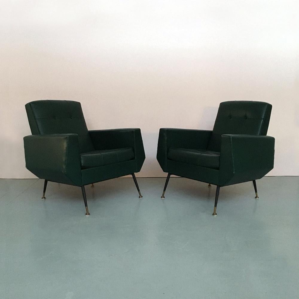 Italian Green Faux Leather and Metal Set of Sofa Bed and Two Armchairs, 1950s 3