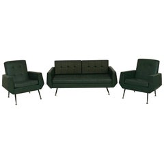 Italian Green Faux Leather and Metal Set of Sofa Bed and Two Armchairs, 1950s