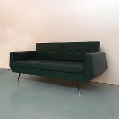 Italian Green Faux Leather, Brass and Metal Rod Sofa Bed, 1950s