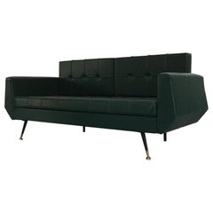 Italian Green Faux Leather, Brass and Metal Rod Sofa Bed, 1950s