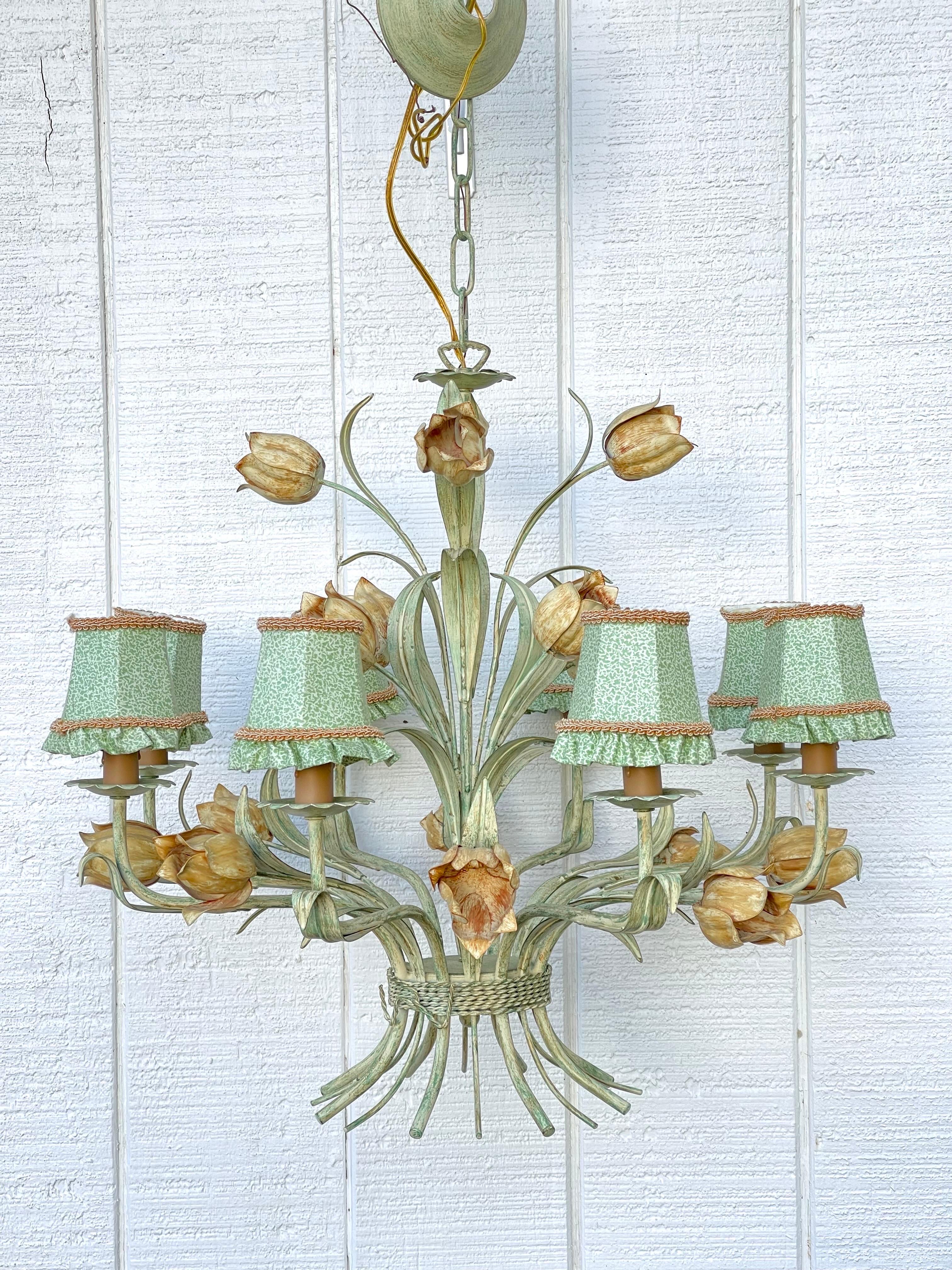 Italian Tole Green Floral Chandelier. This highly decorative sculptural light brings not only light but incredible allure to any room. Gorgeous custom made matching shades adorn this botanical beauty of six lights.
