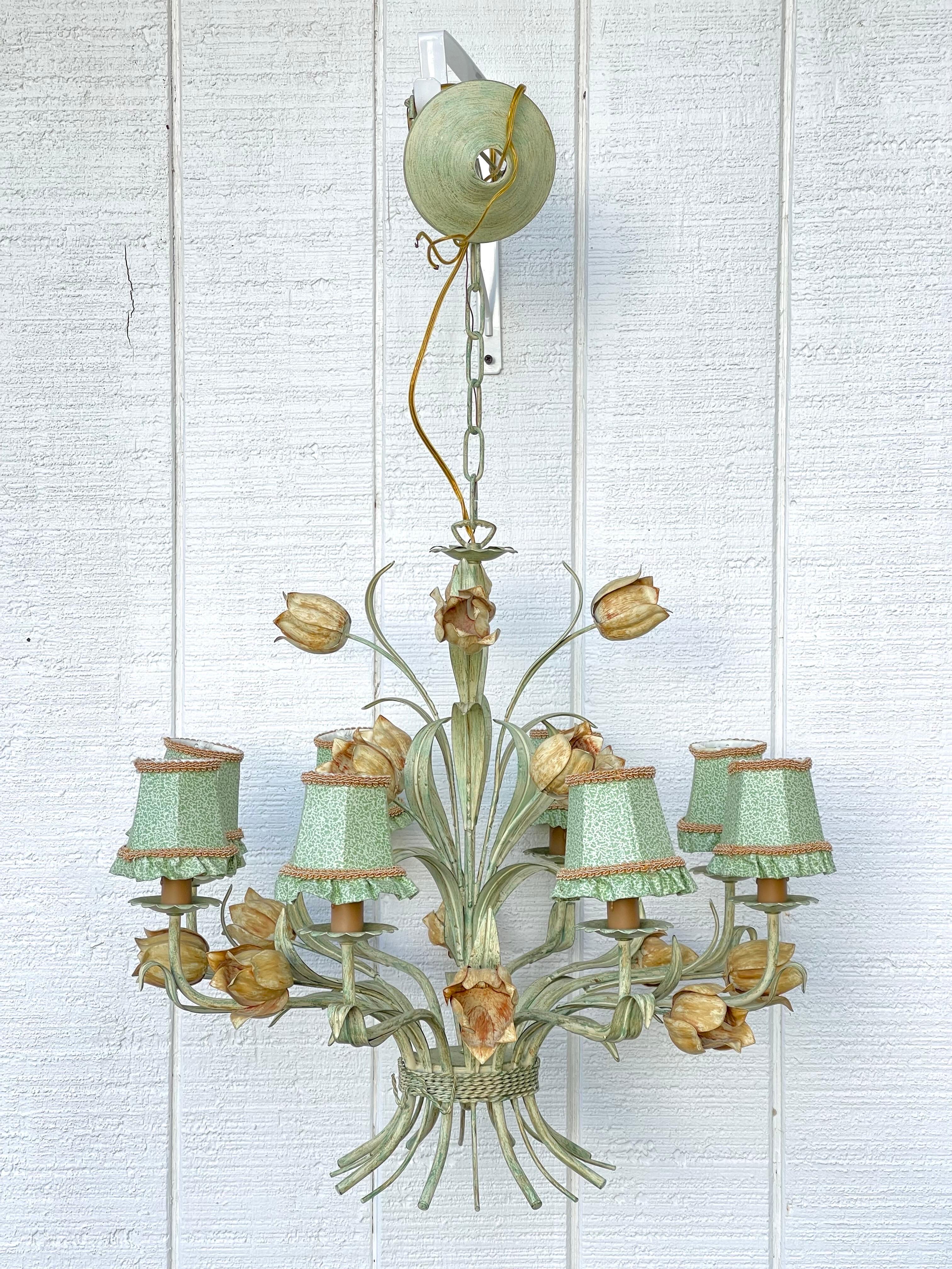 Country Italian Green Floral Tole Chandelier  For Sale