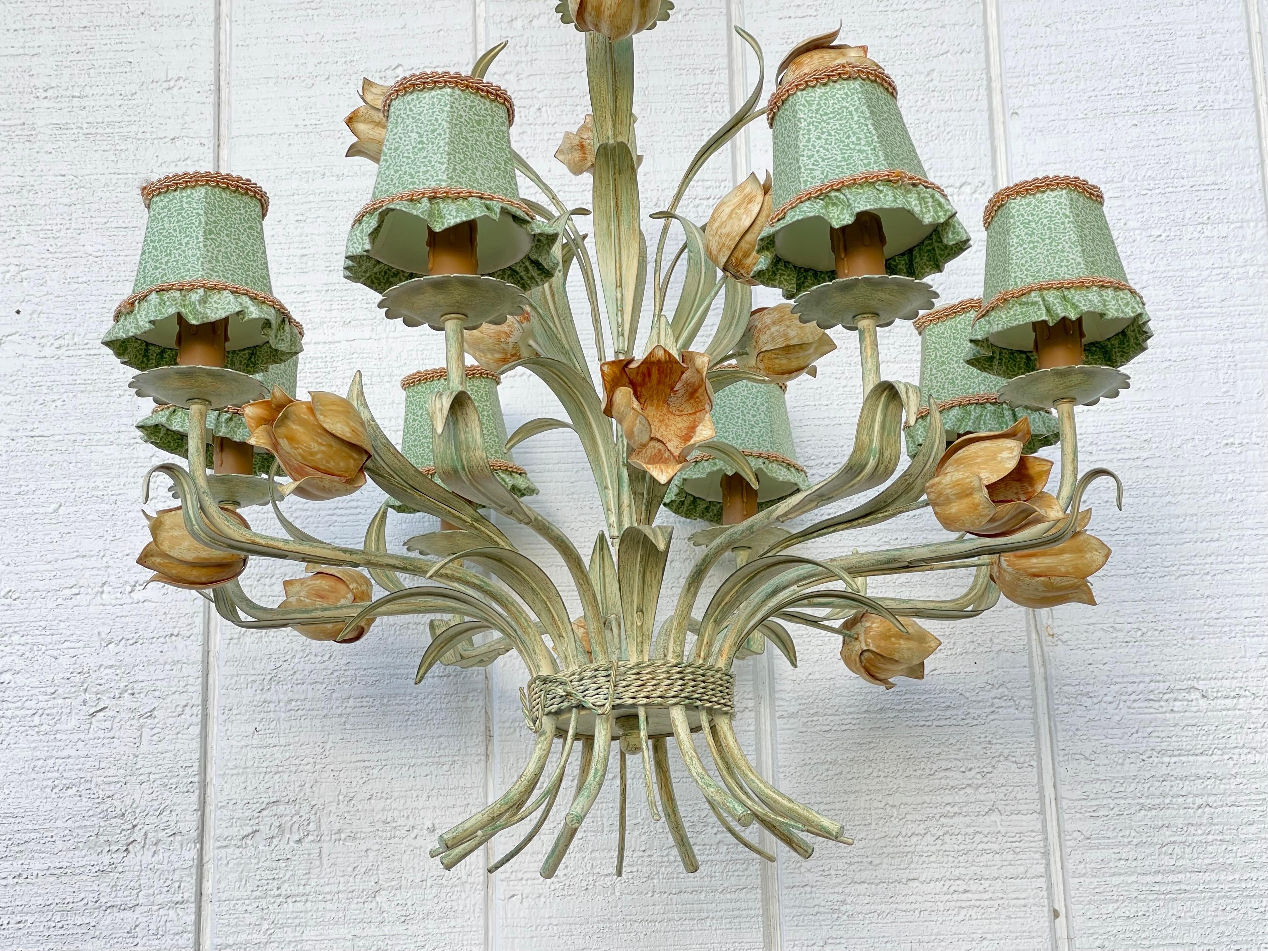 Country Italian Green Floral Tole Chandelier  For Sale