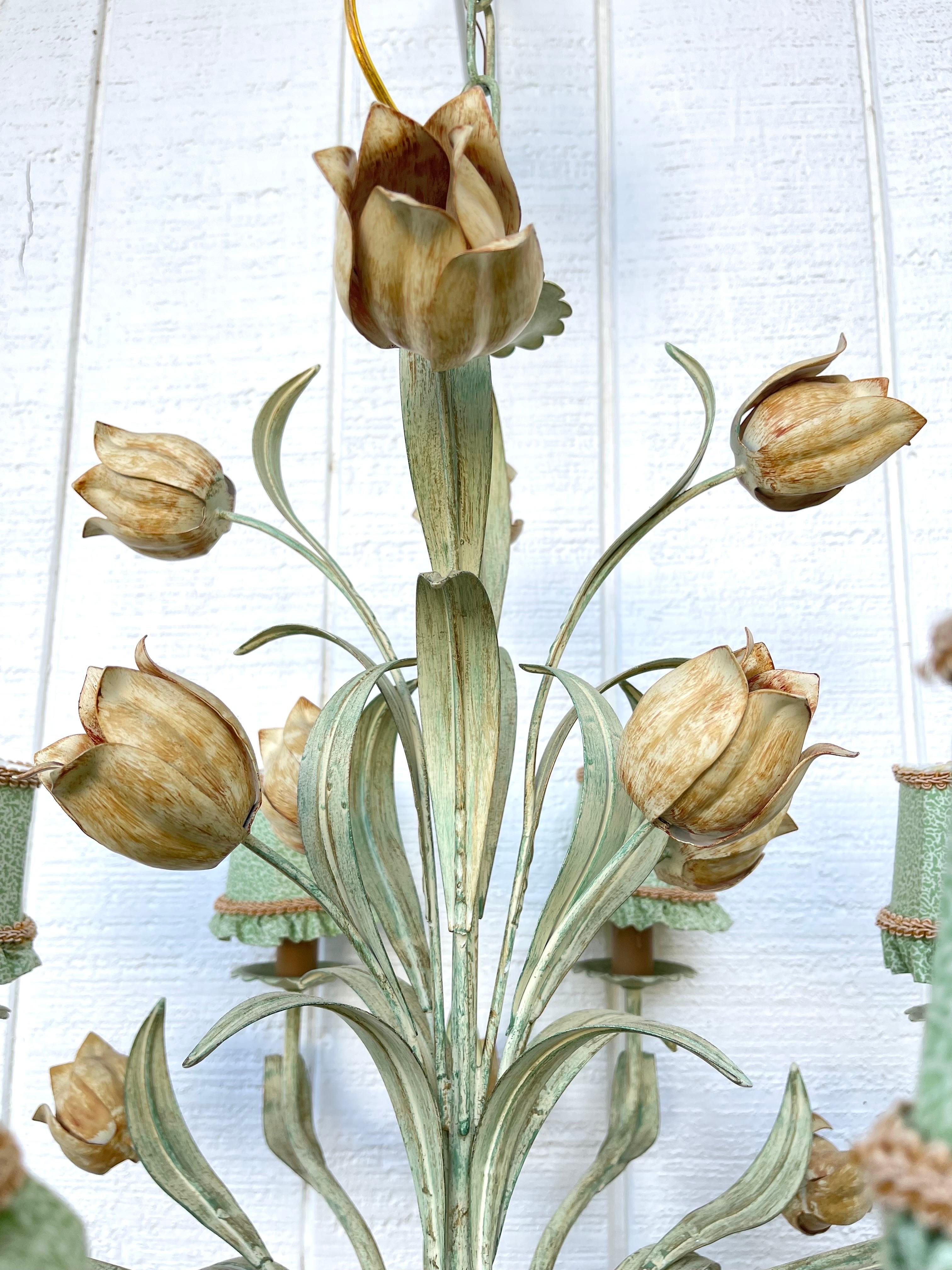 Late 20th Century Italian Green Floral Tole Chandelier  For Sale