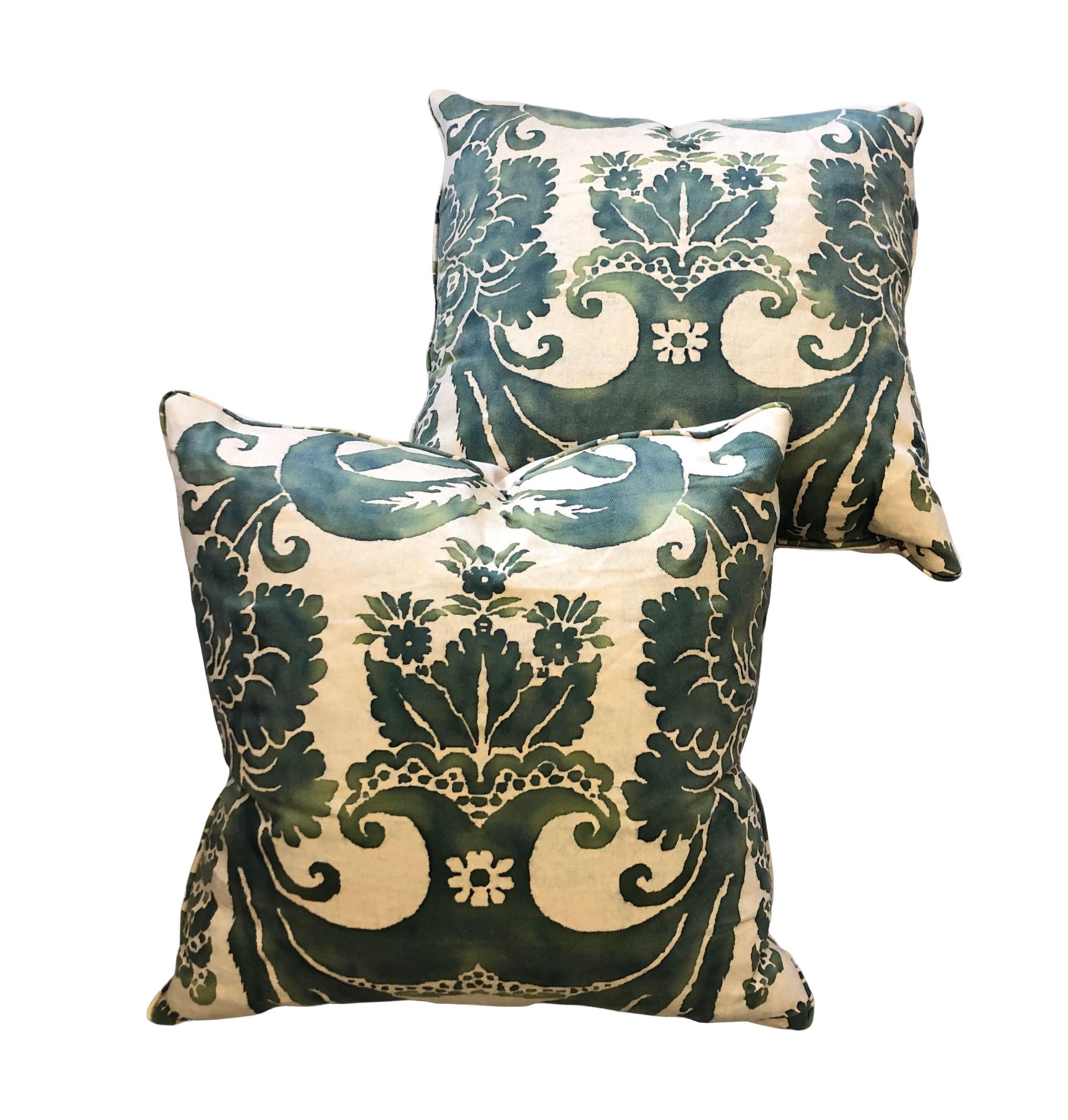 A fabulous pair of custom made pillows with Fortuny fabric from Italy, circa 1950s. Fabric on the back is linen and they have goose down filling.