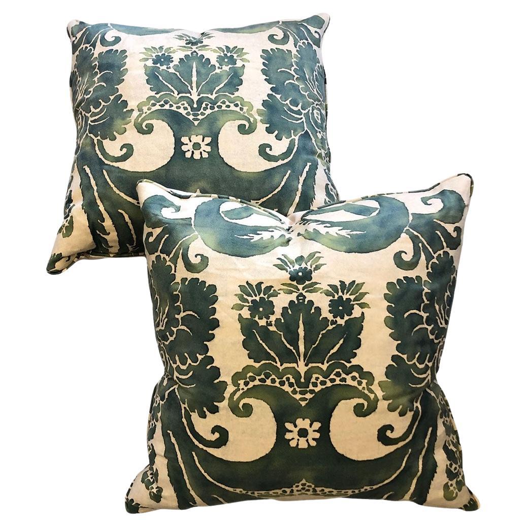 Italian Green Fortuny Pillows, a Pair For Sale