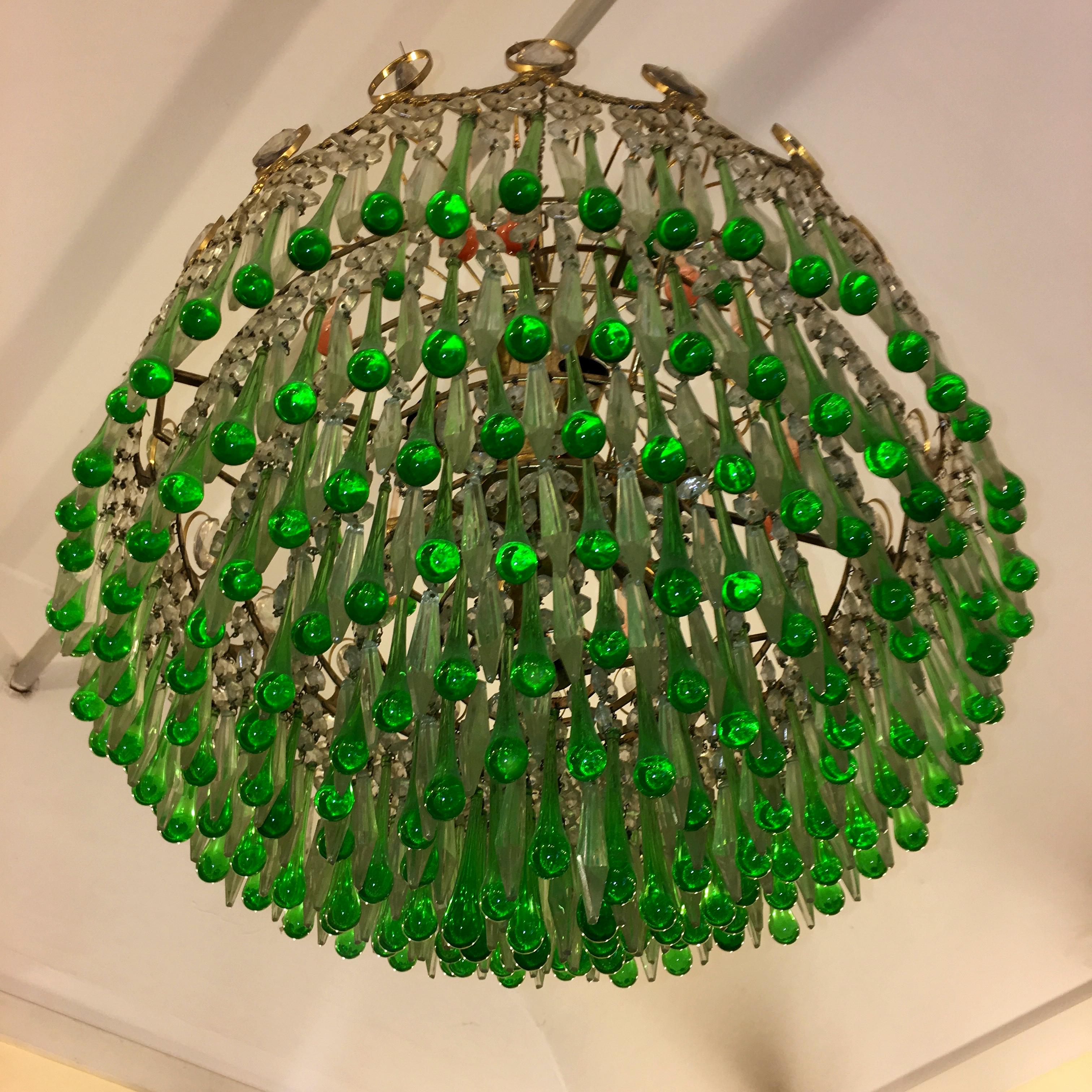 Italian Green Glass Drops Chandelier Venini Style, Murano, 1970s 4