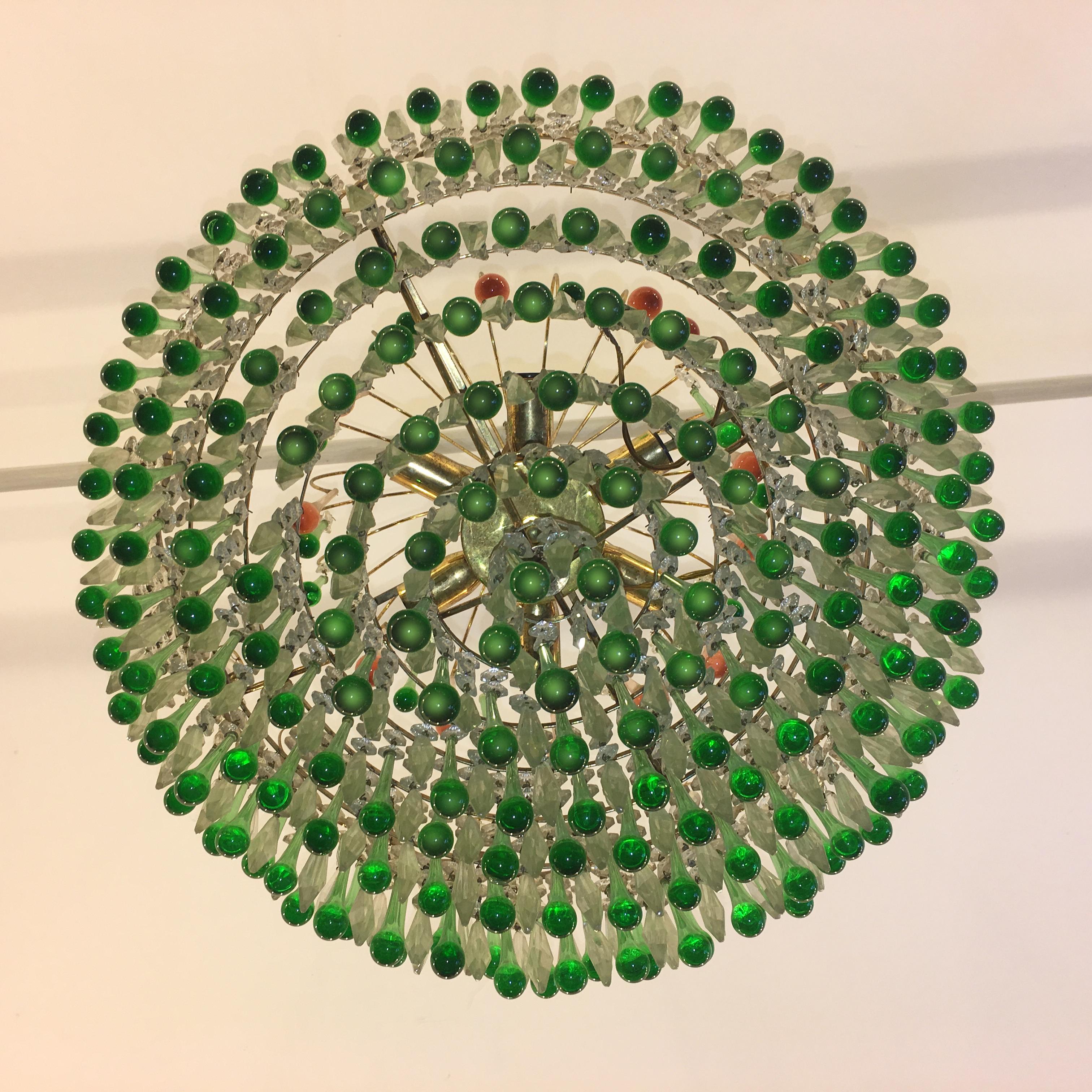Italian Green Glass Drops Chandelier Venini Style, Murano, 1970s 5