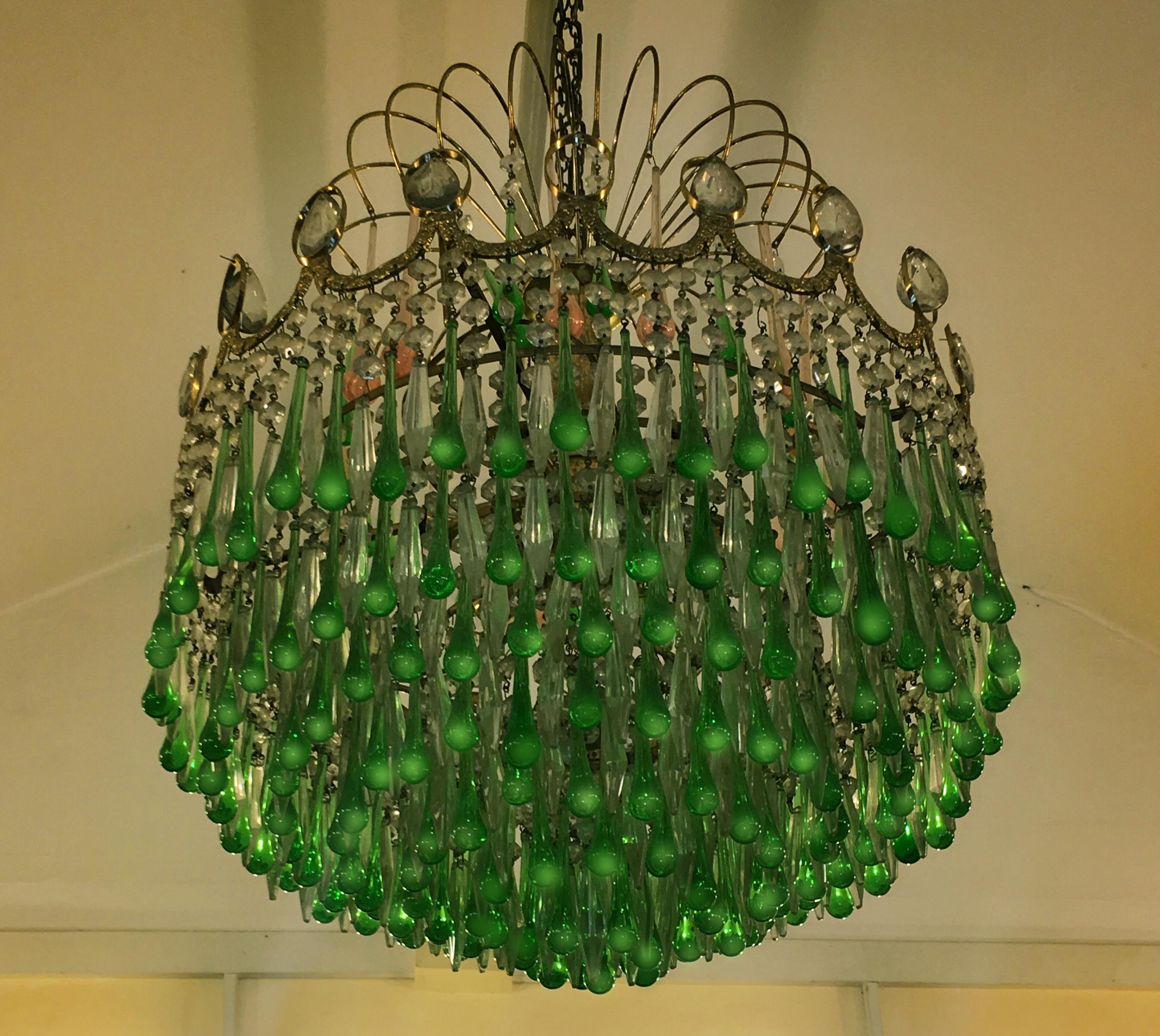 Italian Green Glass Drops Chandelier Venini Style, Murano, 1970s 6