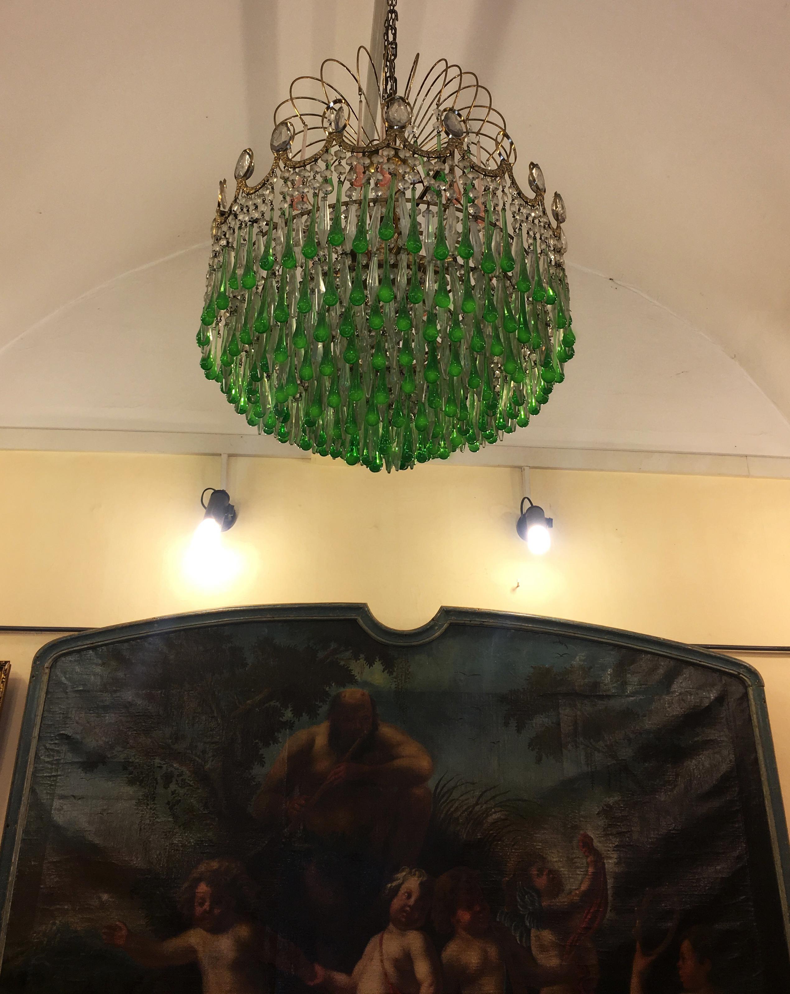 Italian Murano chandelier with a rain of the emerald drops.