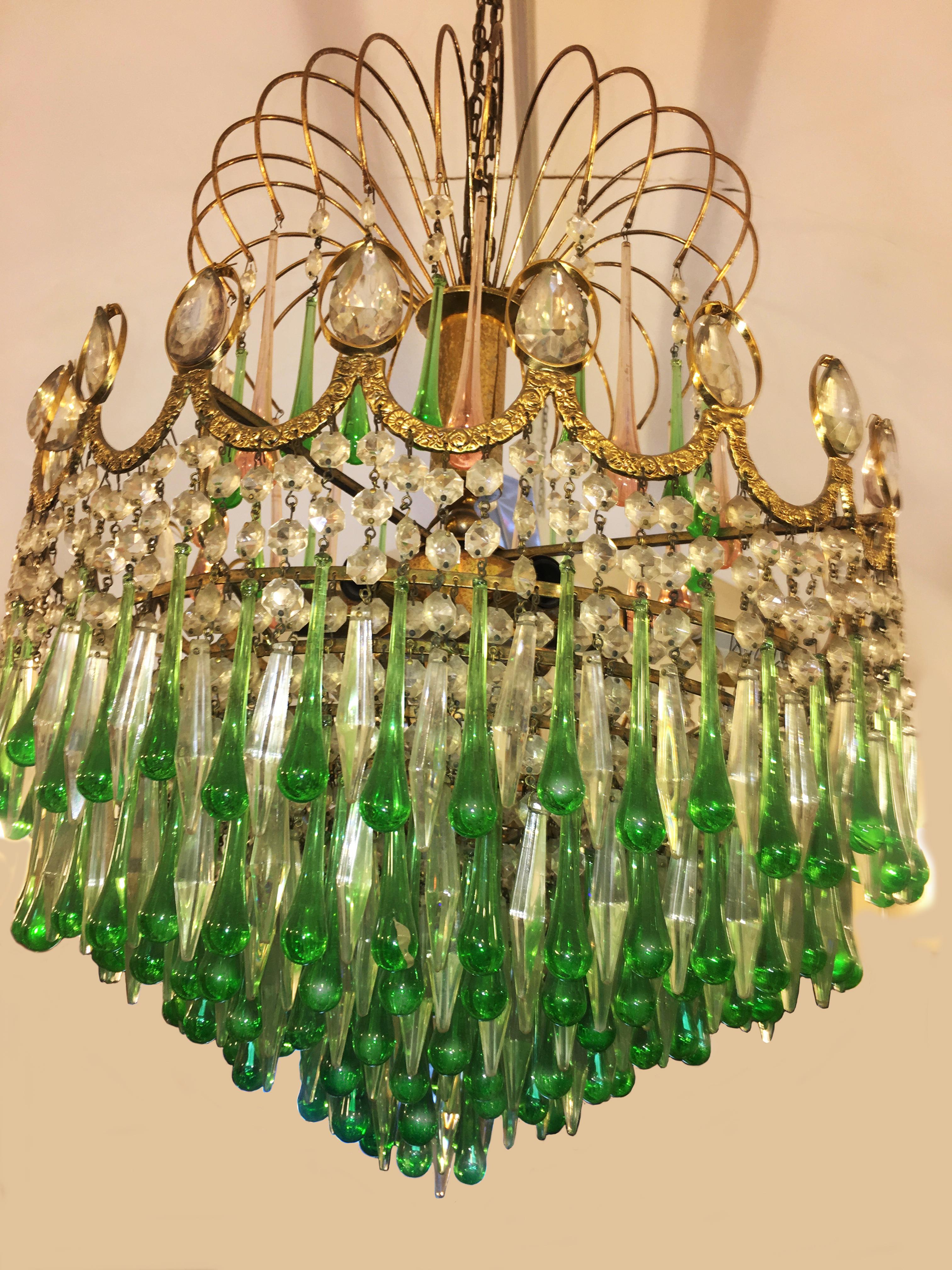 20th Century Italian Green Glass Drops Chandelier Venini Style, Murano, 1970s