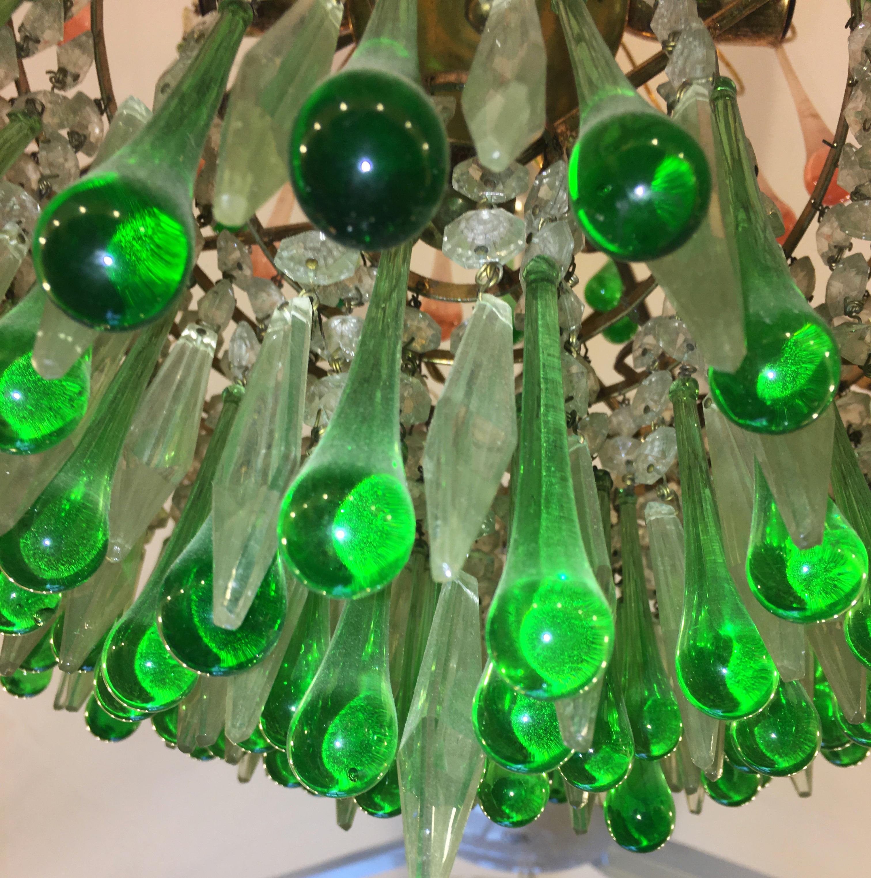 Metal Italian Green Glass Drops Chandelier Venini Style, Murano, 1970s
