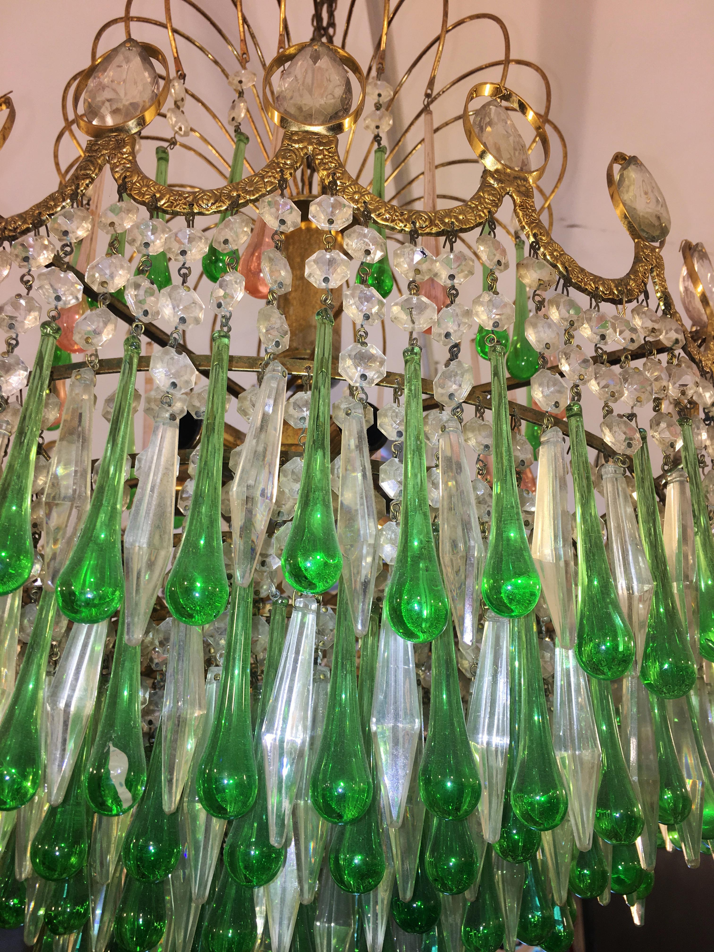 Italian Green Glass Drops Chandelier Venini Style, Murano, 1970s 1