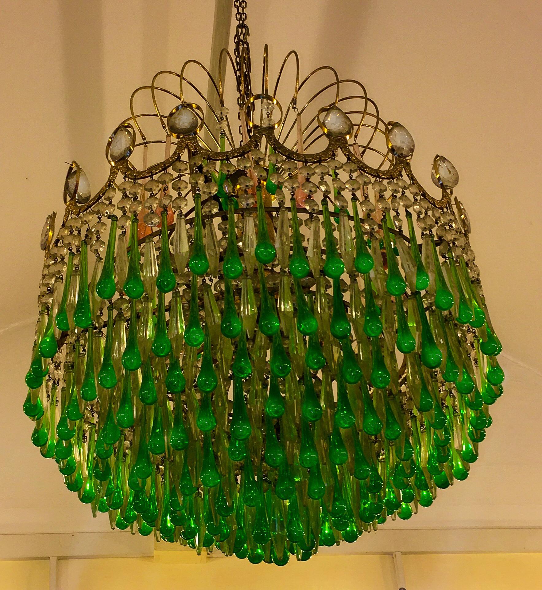 Italian Green Glass Drops Chandelier Venini Style, Murano, 1970s 2