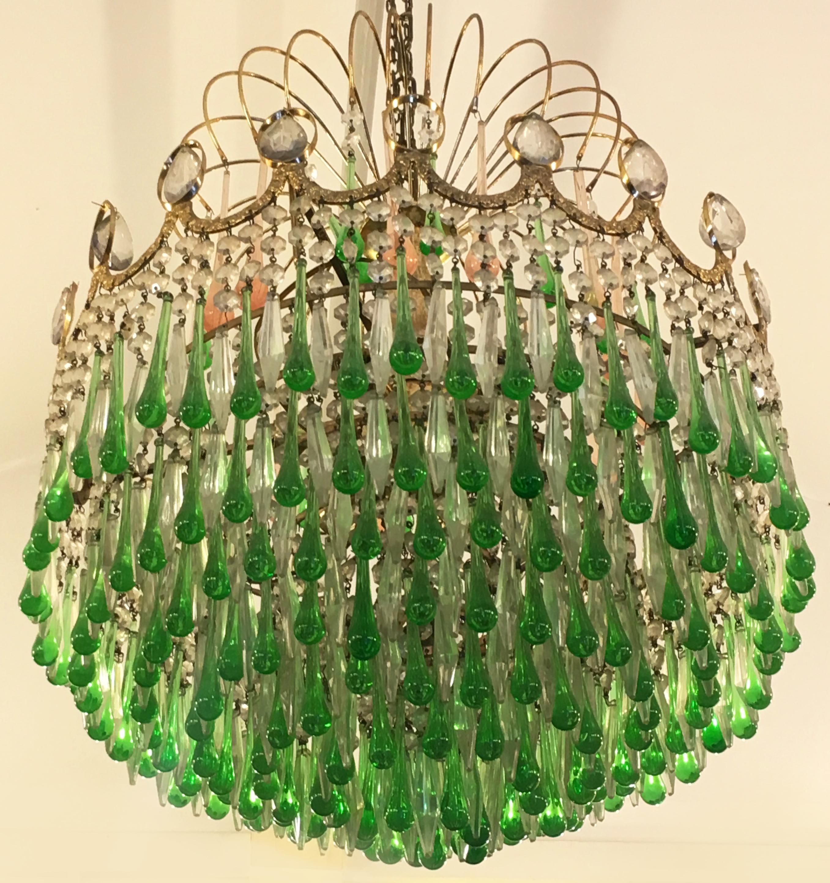 Italian Green Glass Drops Chandelier Venini Style, Murano, 1970s 3