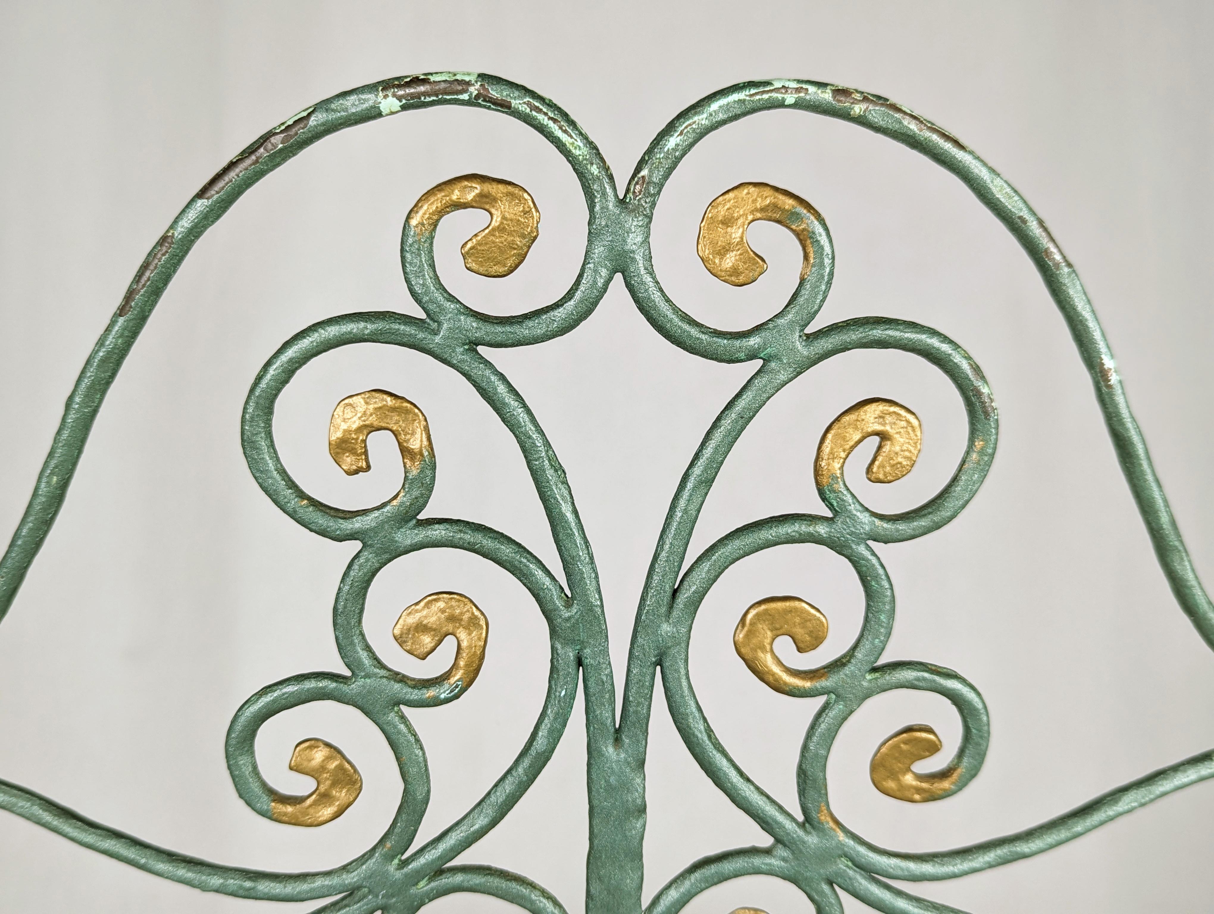 Hand-Painted Italian green & gold mid century wrought iron peacock chair For Sale