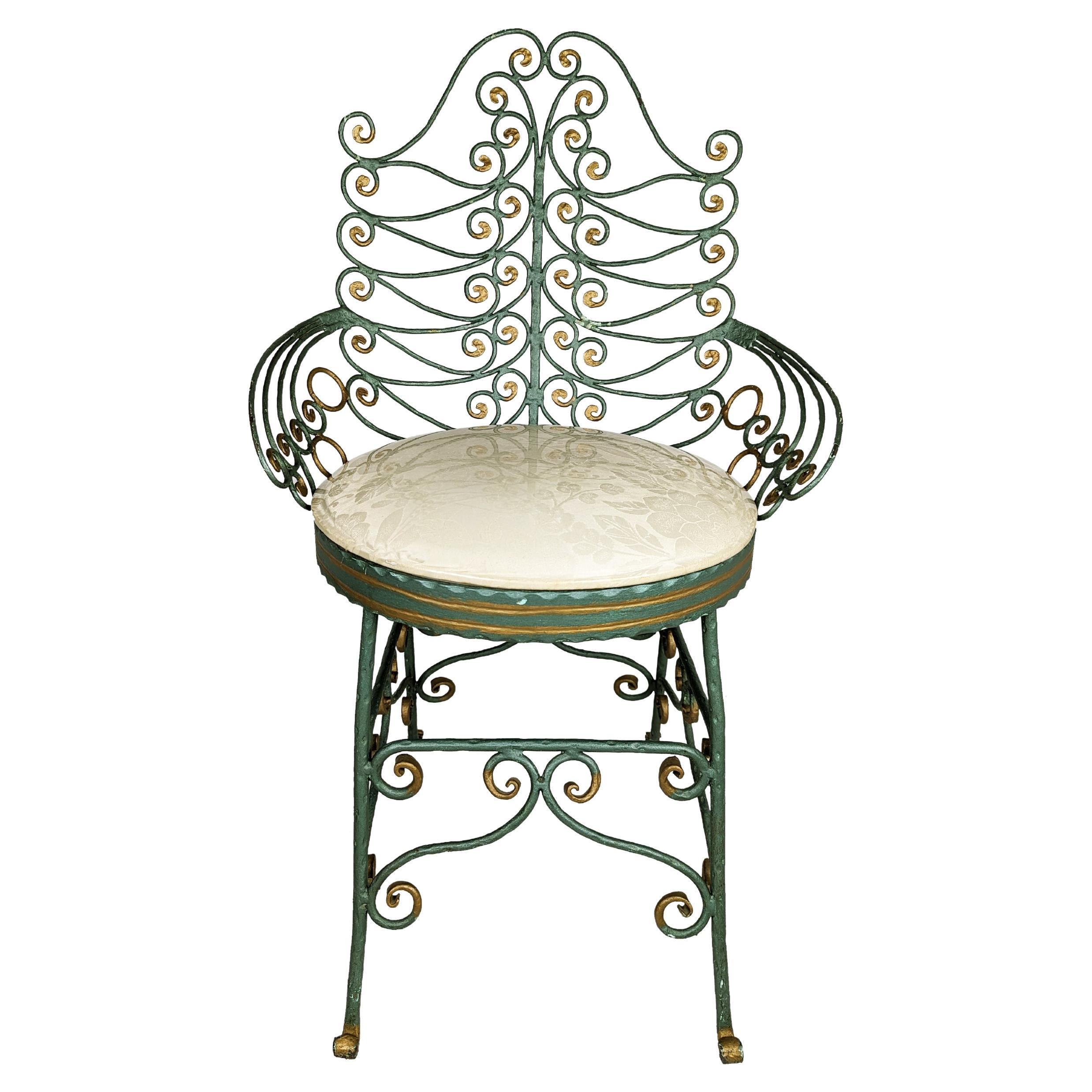 Italian green & gold mid century wrought iron peacock chair For Sale