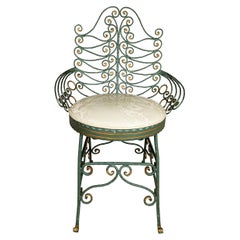 Antique Italian green & gold mid century wrought iron peacock chair