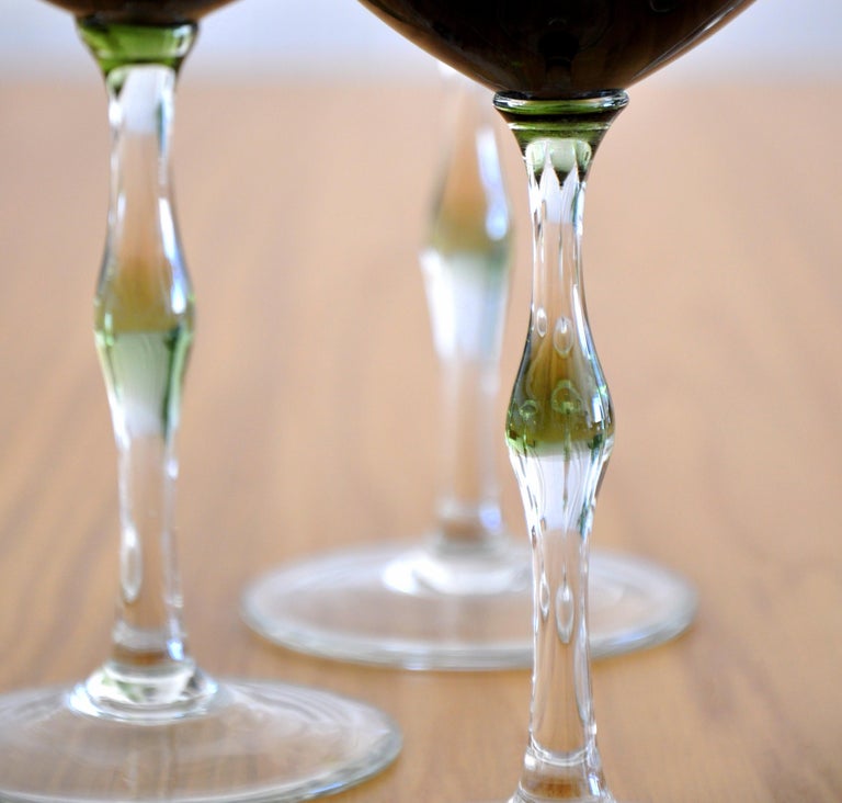 Mid-Century Modern Italian Green Hand-Blown Stemmed Wine Glasses, Set of Six, 1960s For Sale