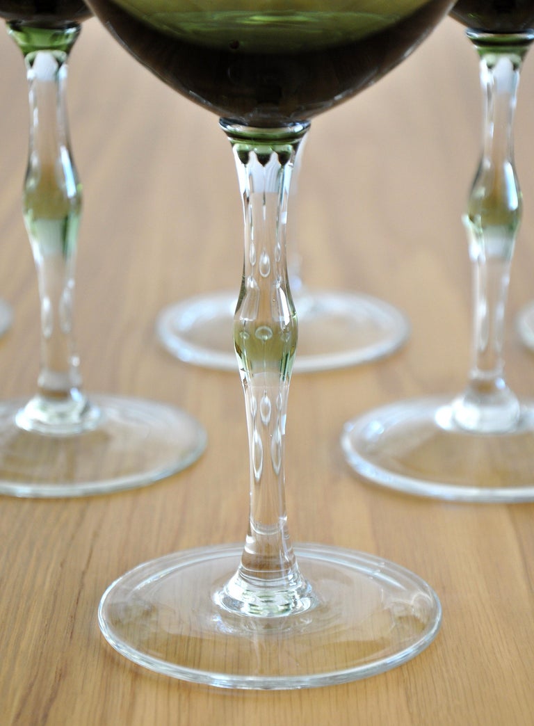 Italian Green Hand-Blown Stemmed Wine Glasses, Set of Six, 1960s For Sale 1