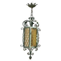 Italian Green Hand-Curved Iron Lantern with Yellow Murano Glass, 1950s