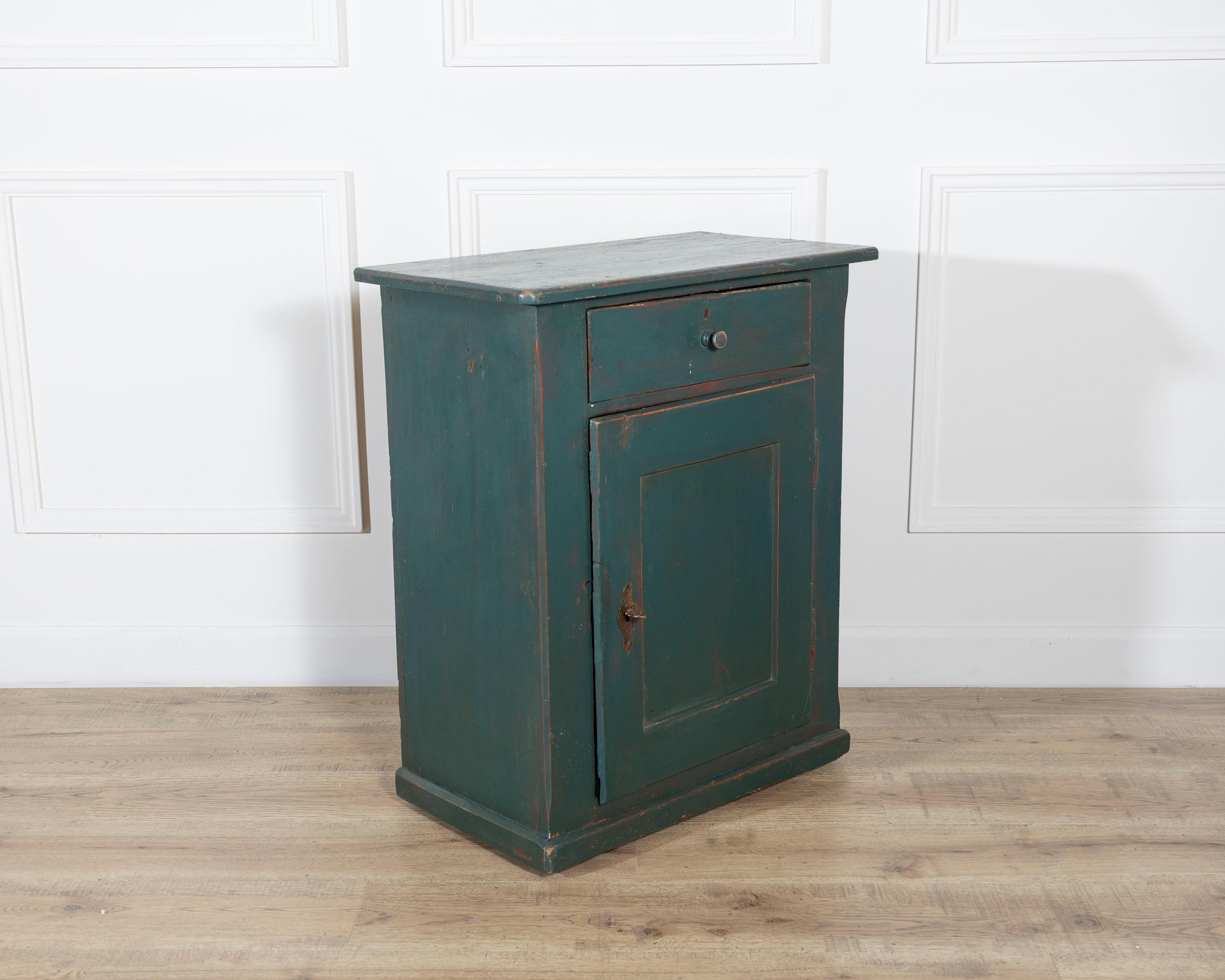 Rustic Italian Green-Lacquered Bedside Table in Fir Wood, Circa 1830 For Sale