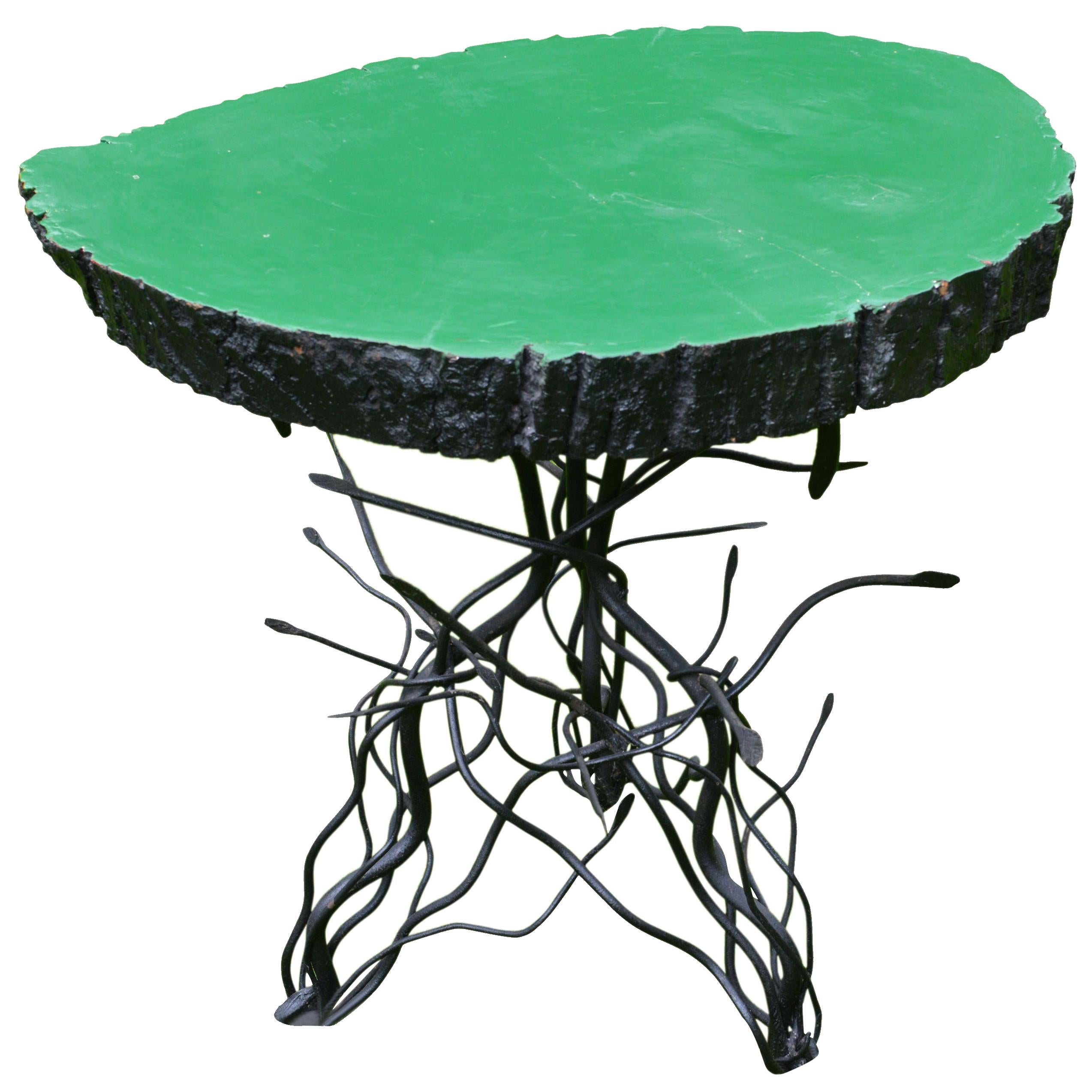 Italian Green Lacquered on Iron Base Side Table, circa 1970 For Sale
