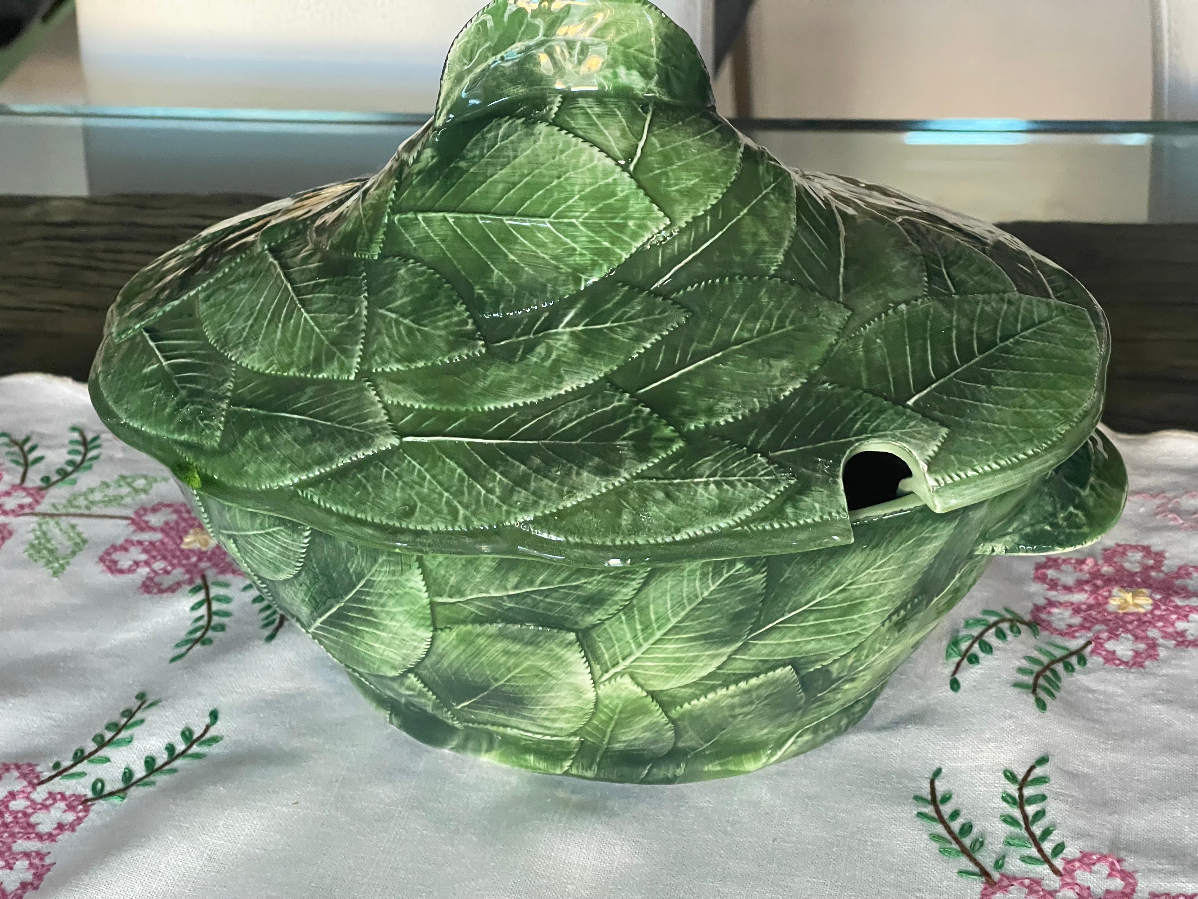 Vintage Italian Handpainted green leaf ceramic tureen.