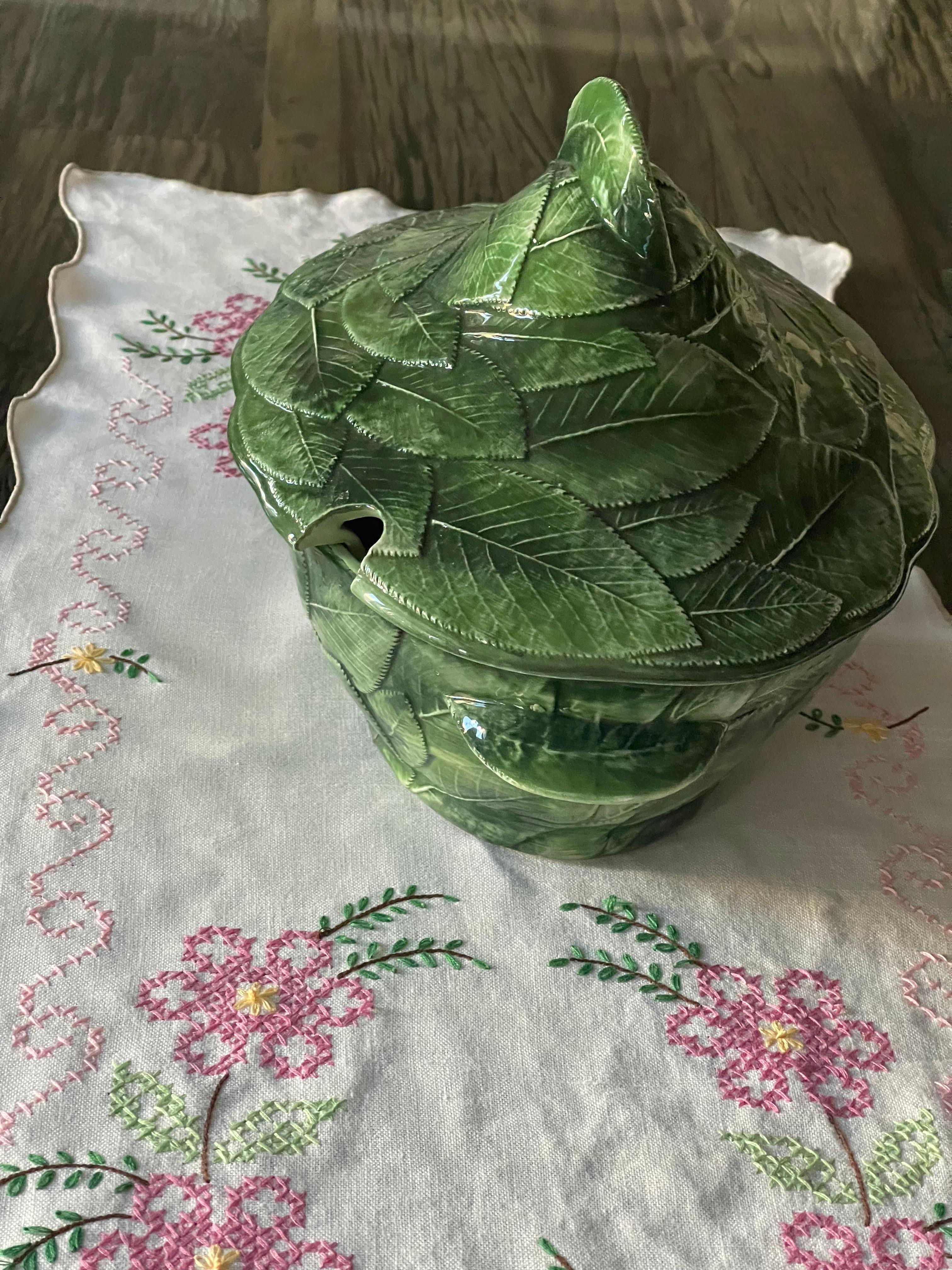 Country Italian Green Leaf Ceramic Tureen For Sale