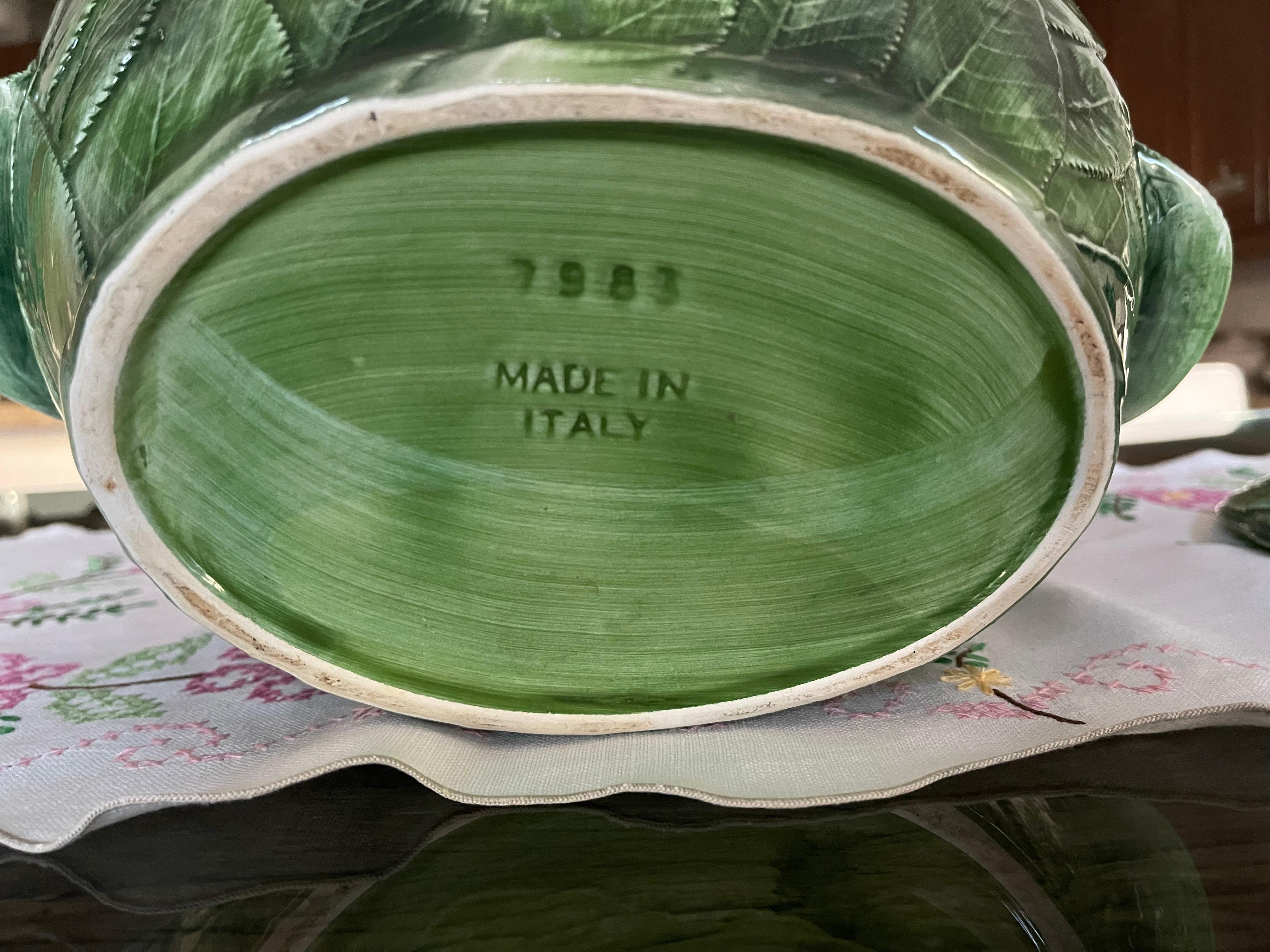 Italian Green Leaf Ceramic Tureen For Sale 1