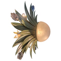 italian Green Leafted Iron and Glass Flowers Ceiling Fixture 1990 Banci Firenze