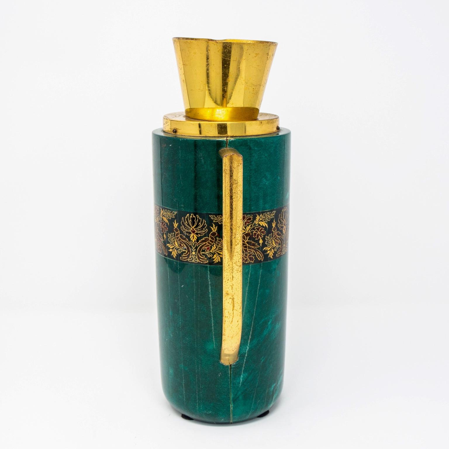 Mid-Century Modern Italian Green Leather and Brass Decanter by Aldo Tura for Macabo For Sale