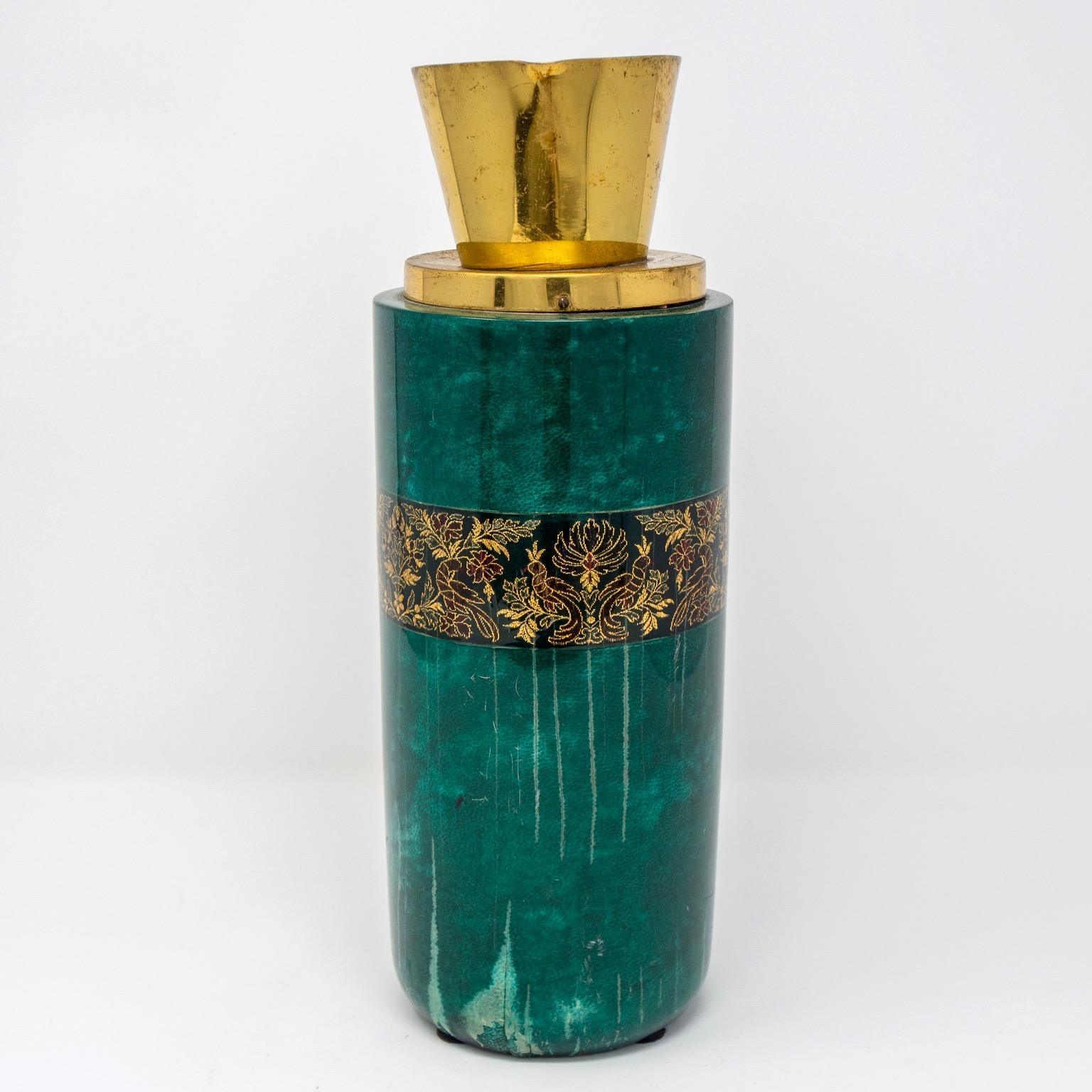 20th Century Italian Green Leather and Brass Decanter by Aldo Tura for Macabo For Sale
