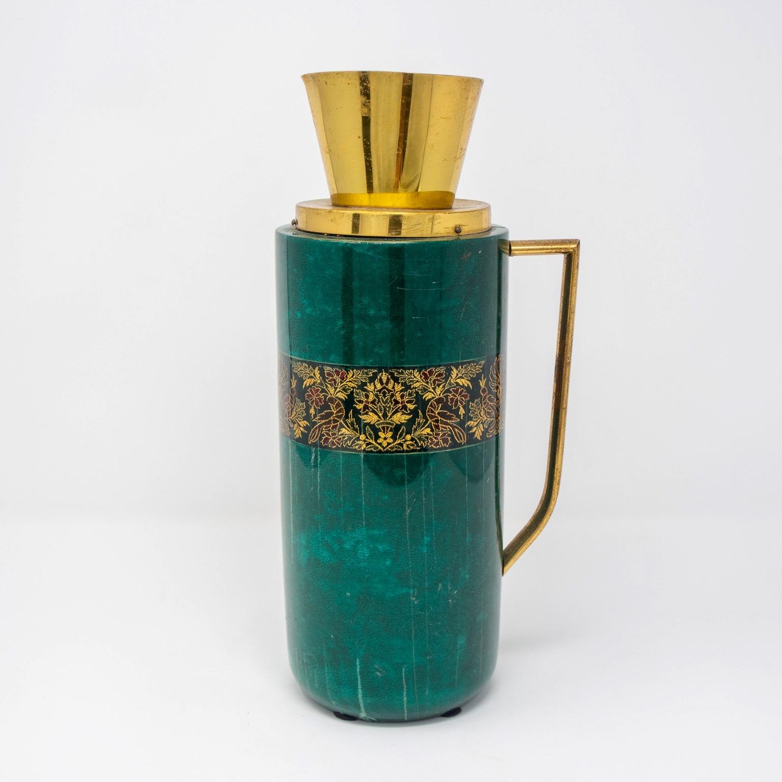 Metal Italian Green Leather and Brass Decanter by Aldo Tura for Macabo For Sale