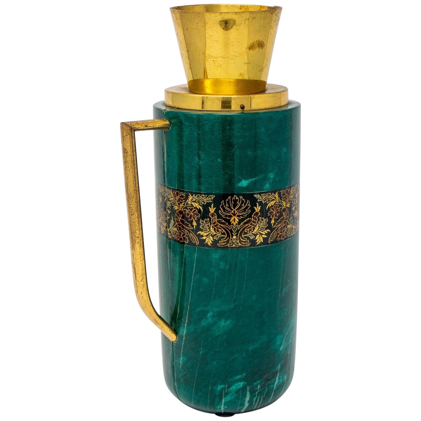 Italian Green Leather and Brass Decanter by Aldo Tura for Macabo For Sale