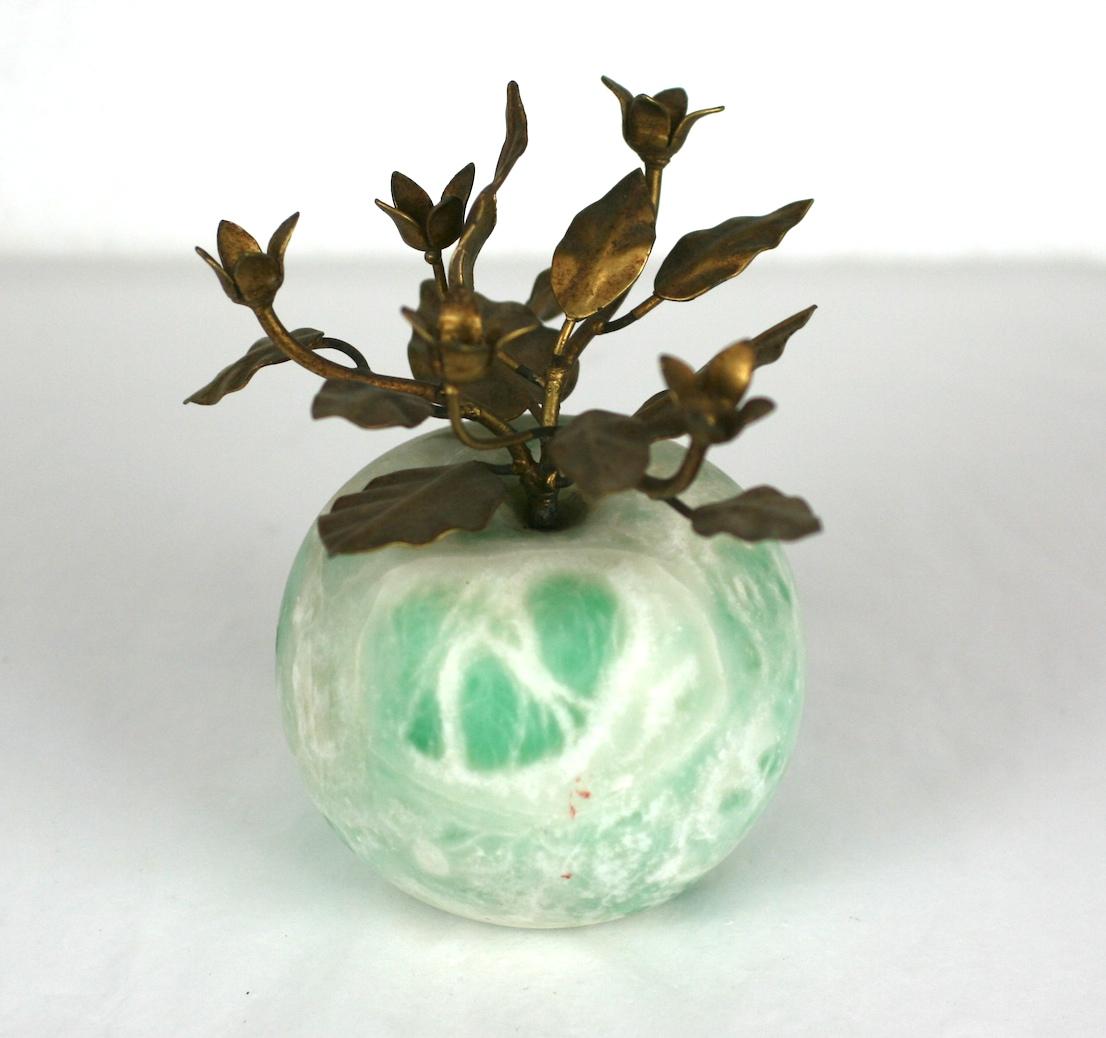 Italian Green Marble Apple desk ornament with gold metal foliage. Nice green and white mottled marble with nicely detailed metalwork.
1960's Italy.  Apple 2.5