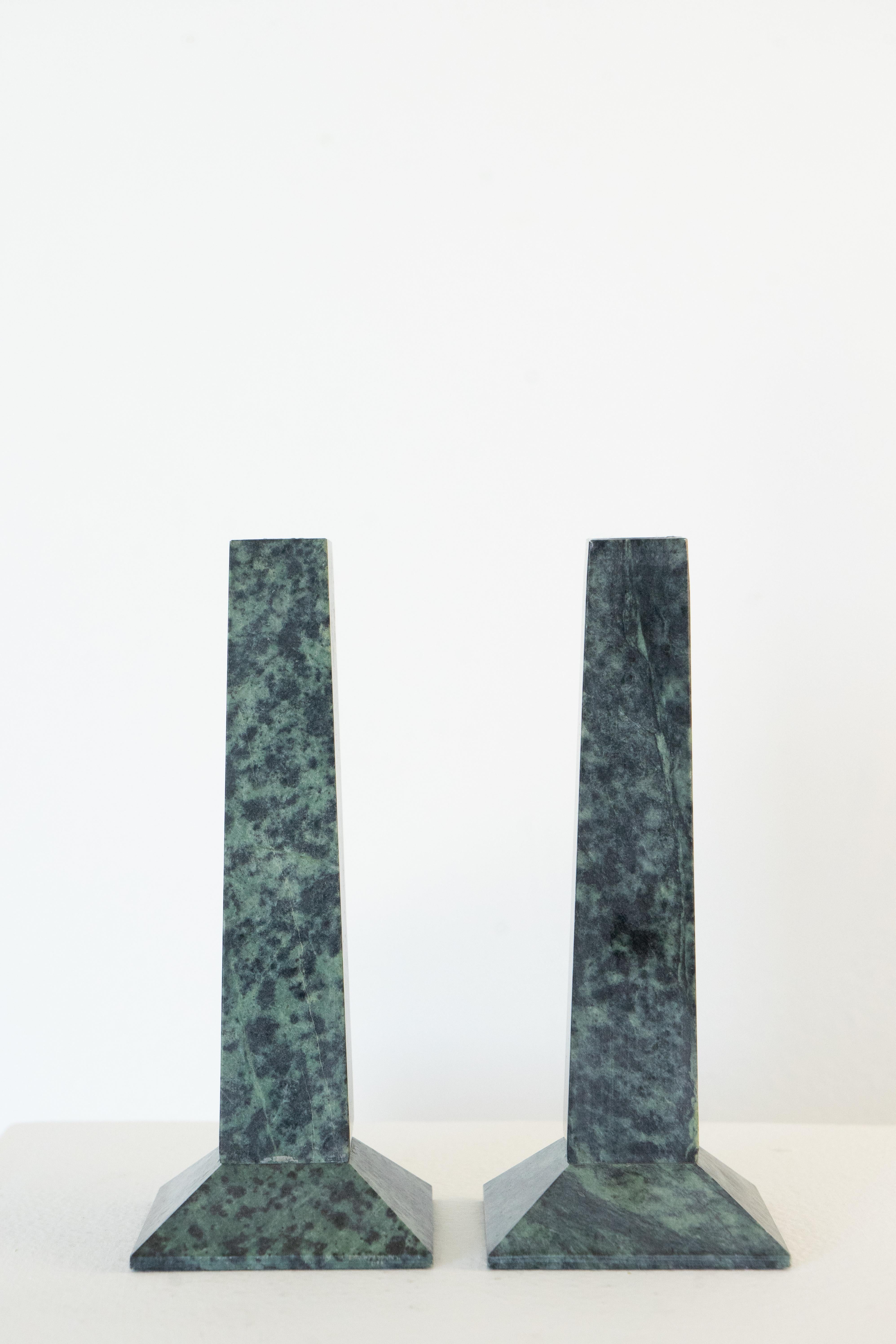Beautifully shaped organic Green Marble candle holders Circa 1980s. 

Candlesticks have a great clean architectural design that is versatile and would compliment any style of interior decor. 

Would look great with Italian Modern, Mid-Century