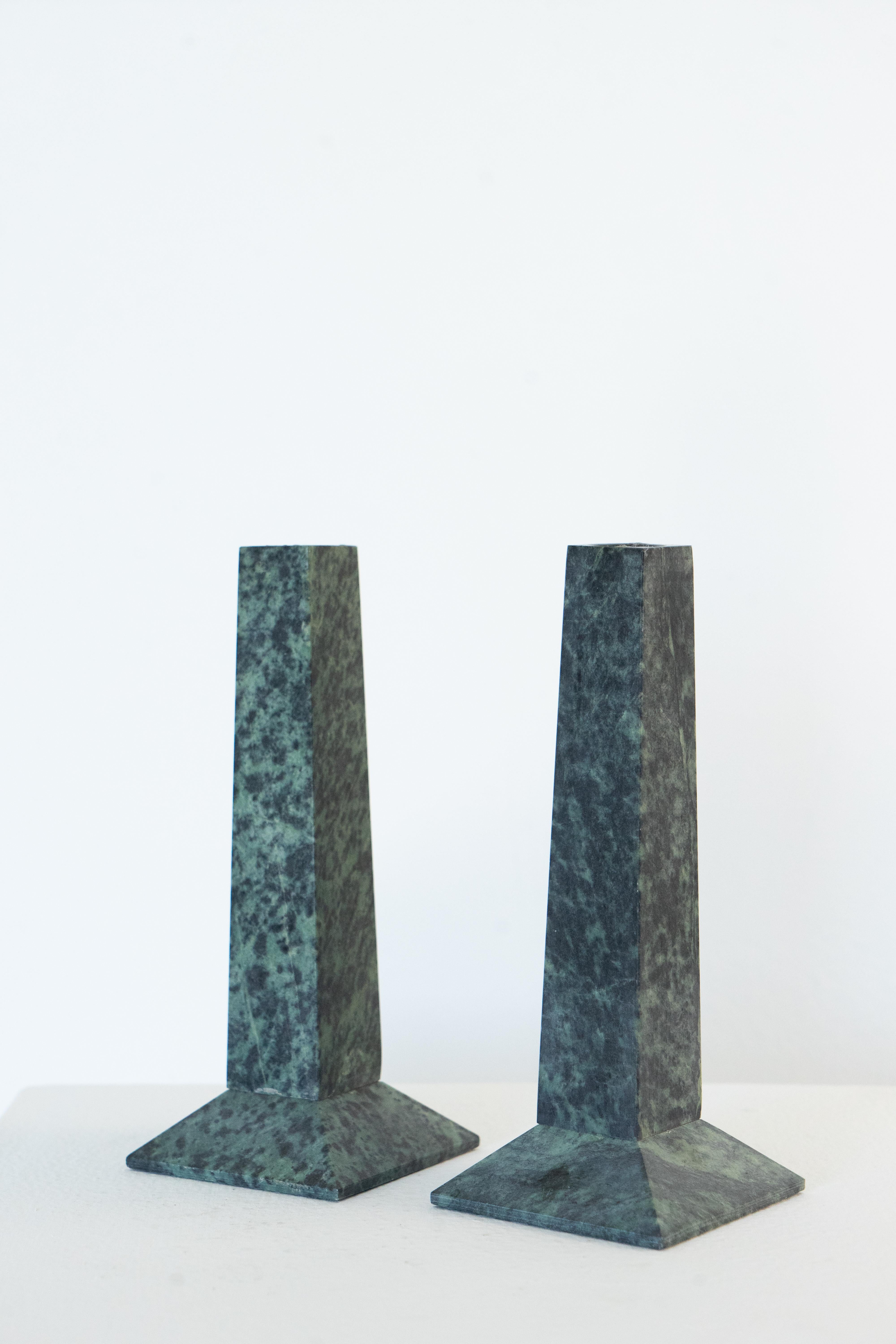 Post-Modern Italian Green Marble Architectural Candle Holders Circa 1980s For Sale