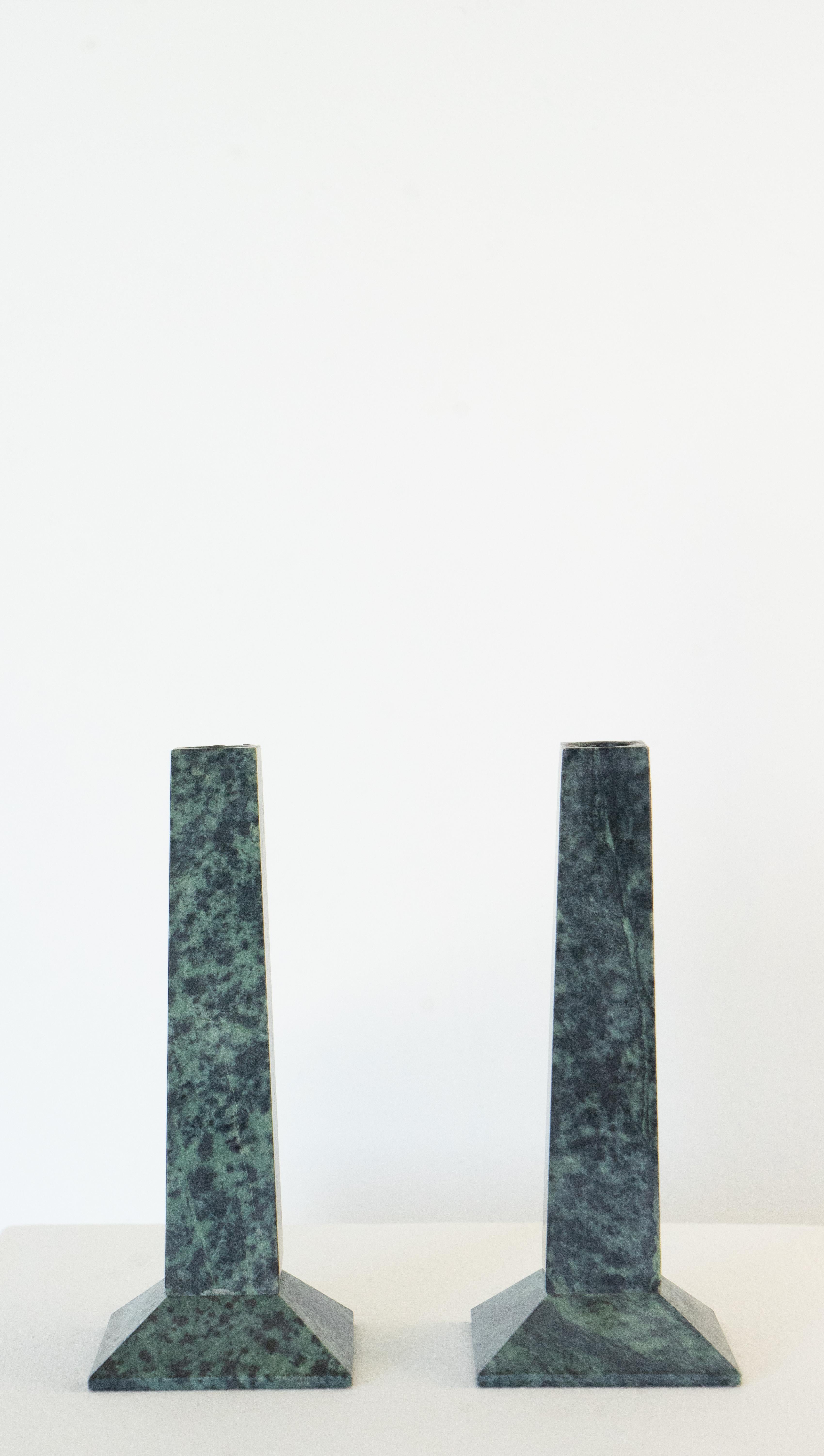 Hand-Crafted Italian Green Marble Architectural Candle Holders Circa 1980s For Sale