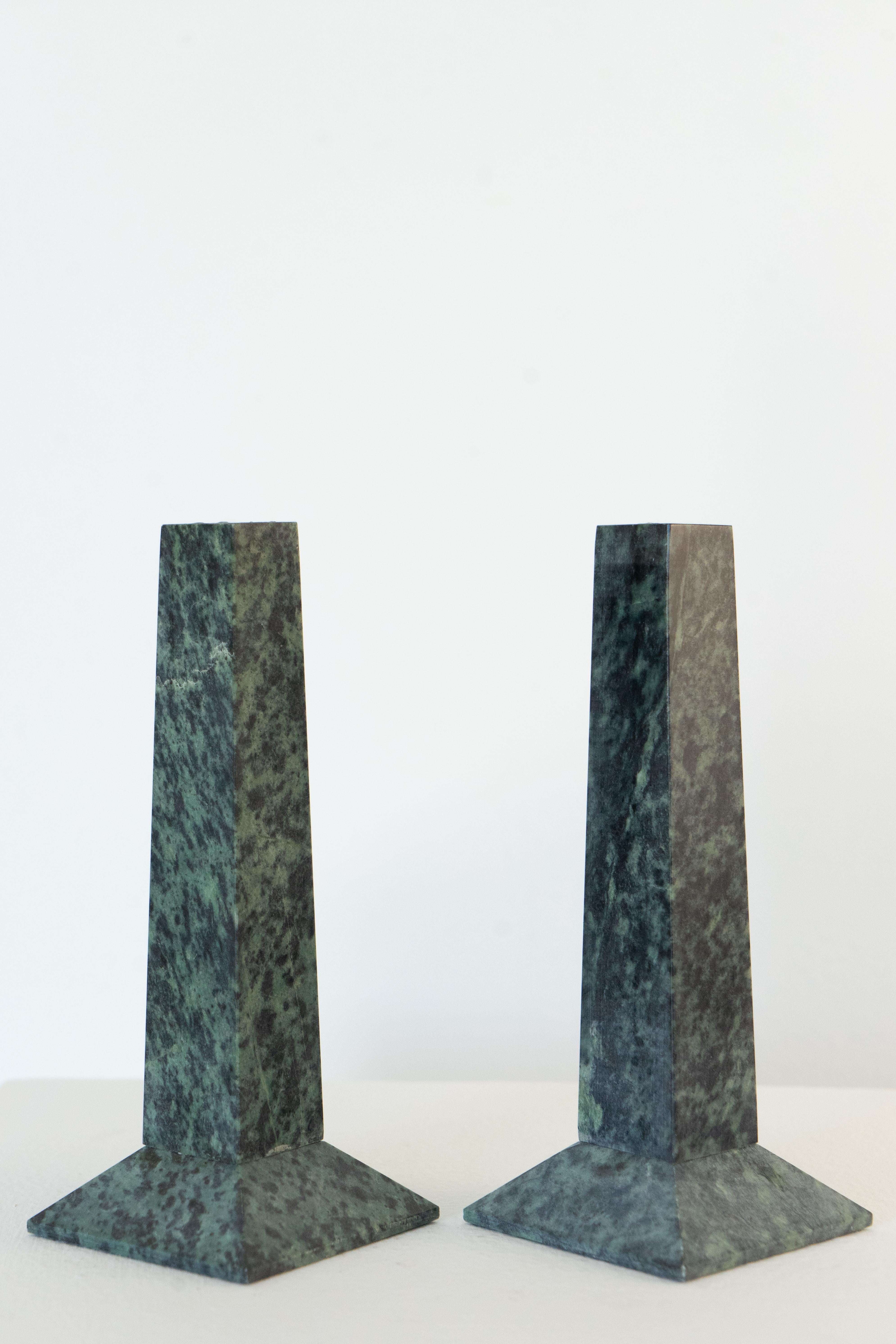 20th Century Italian Green Marble Architectural Candle Holders Circa 1980s For Sale