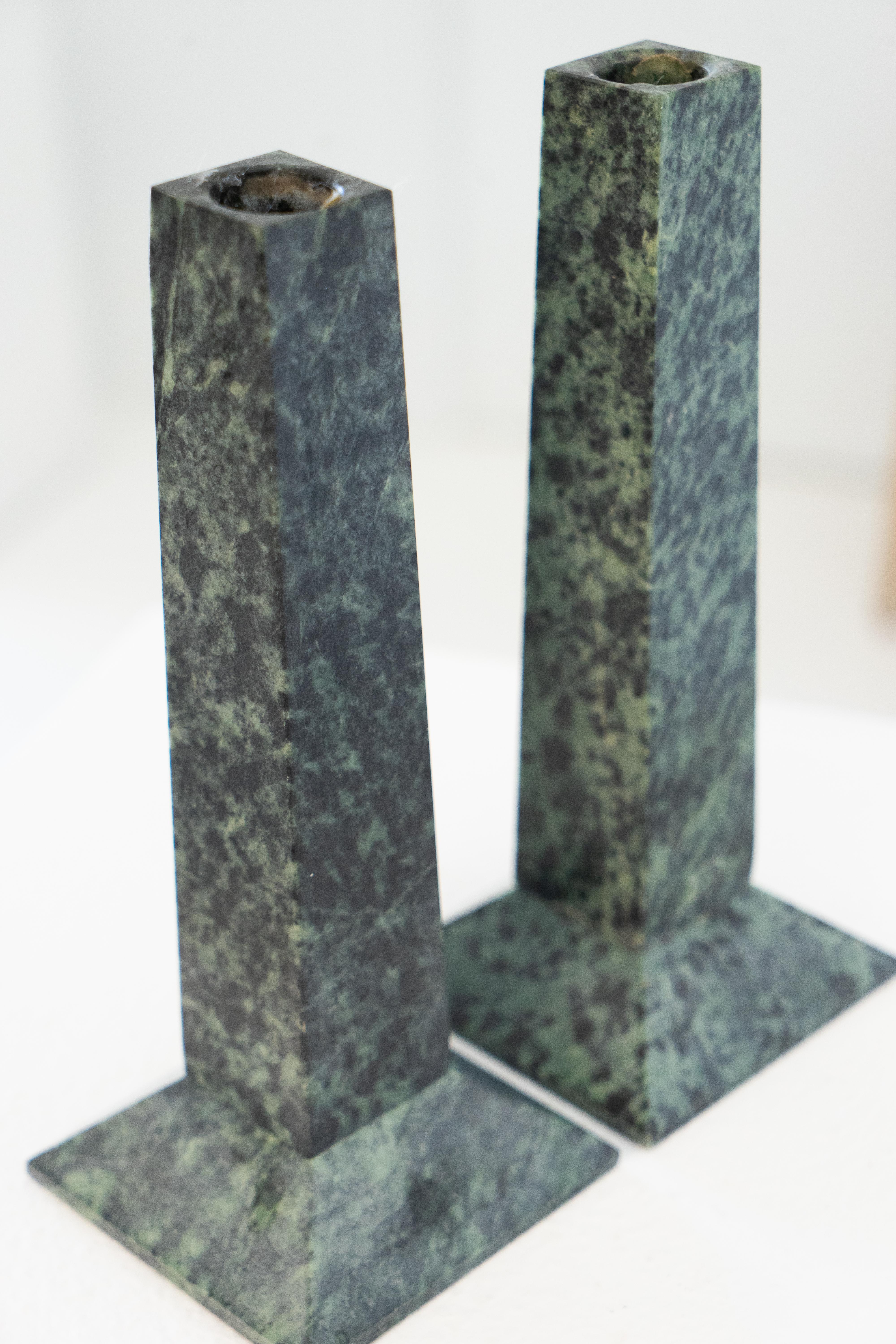 Italian Green Marble Architectural Candle Holders Circa 1980s For Sale 2