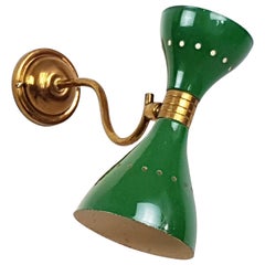 Italian Green Metal and Brass Double Cone Shade 1950s Wall Lamp