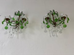 Italian Green Murano Glass Drops, Prisms & Swags Sconces c 1930