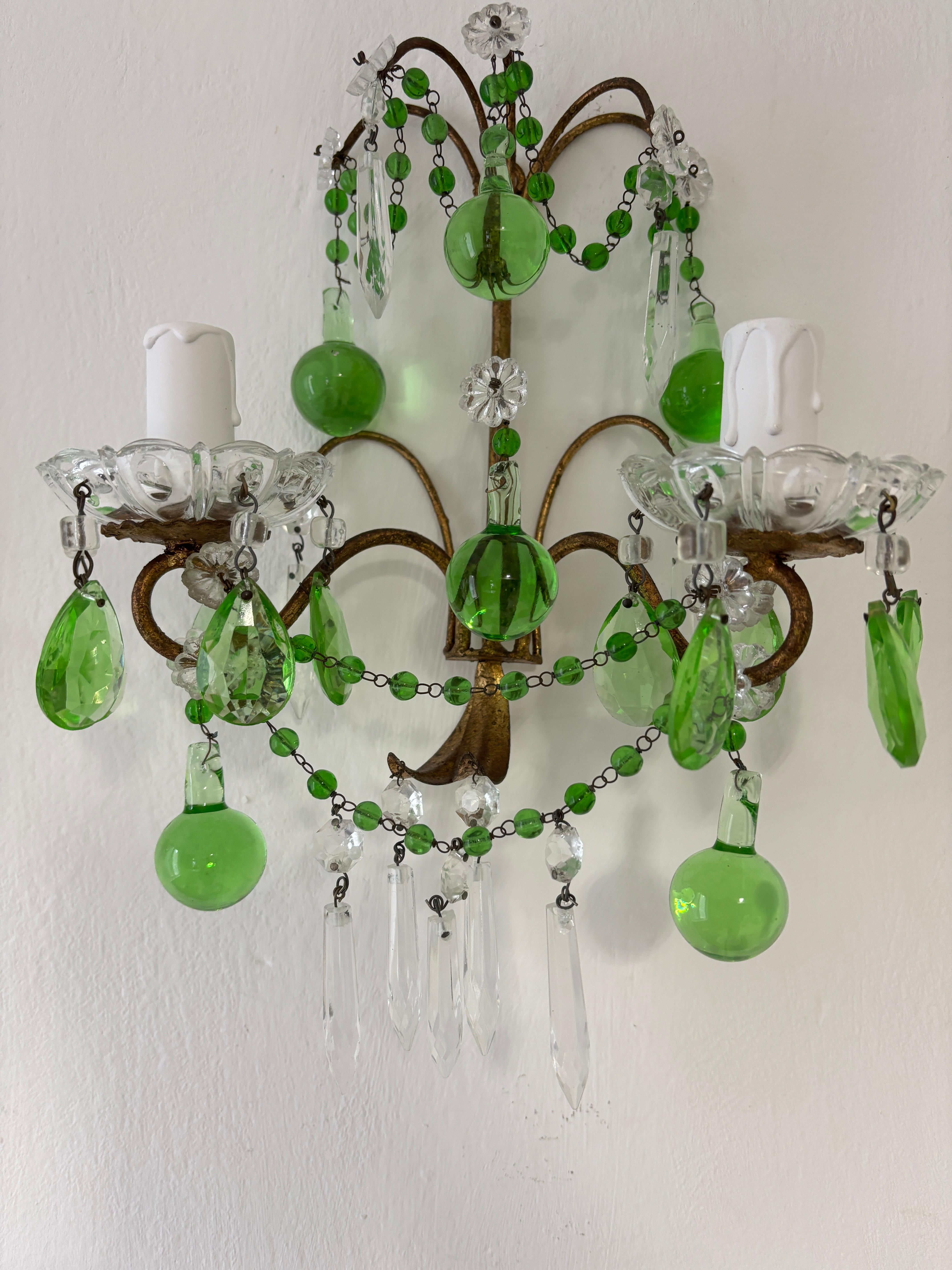 Apliques de cristal de Murano verde italiano con gotas, prismas y guirnaldas c 1930 en Bueno estado para la venta en Firenze, Toscana