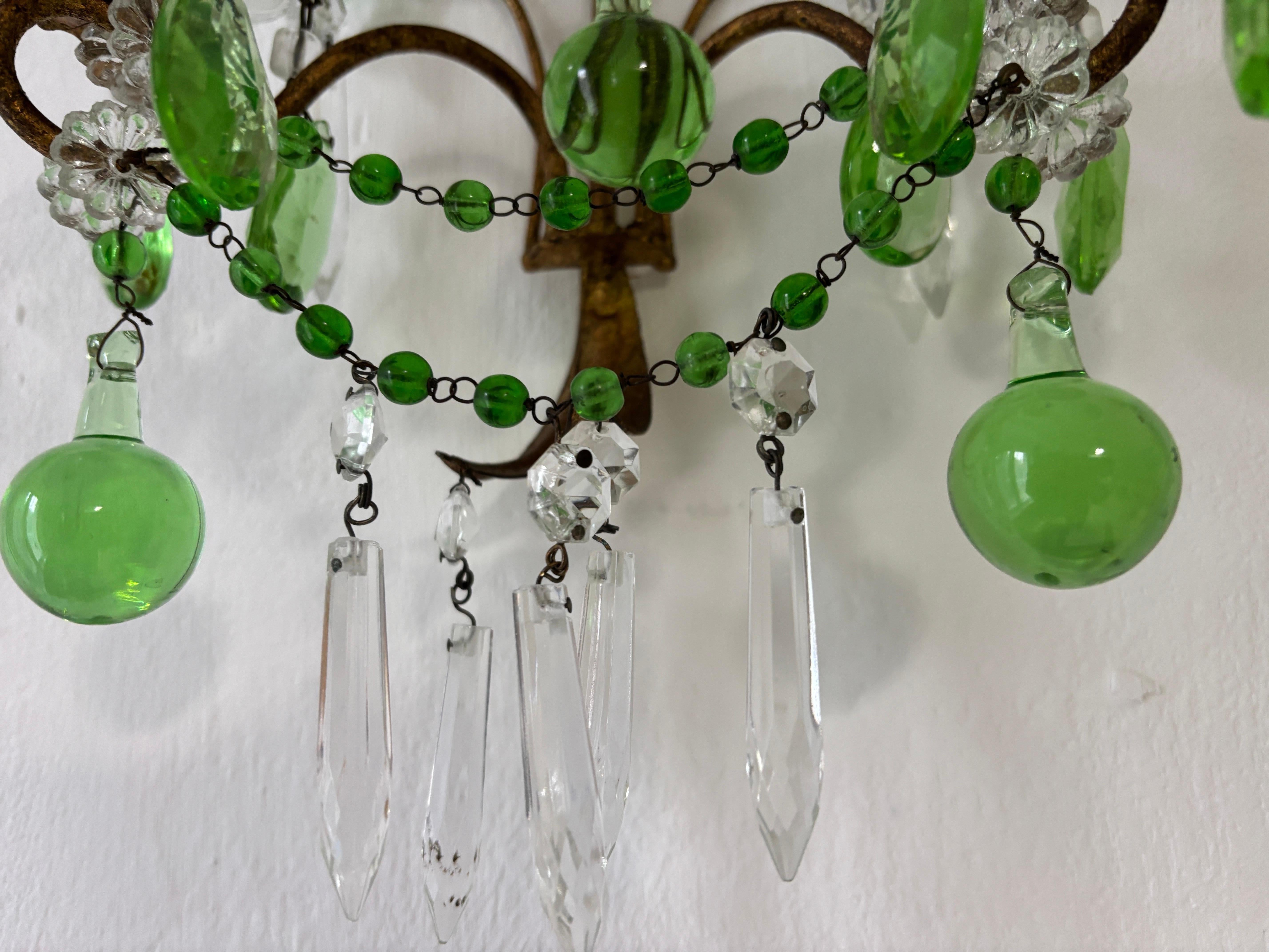 Apliques de cristal de Murano verde italiano con gotas, prismas y guirnaldas c 1930 en venta 2