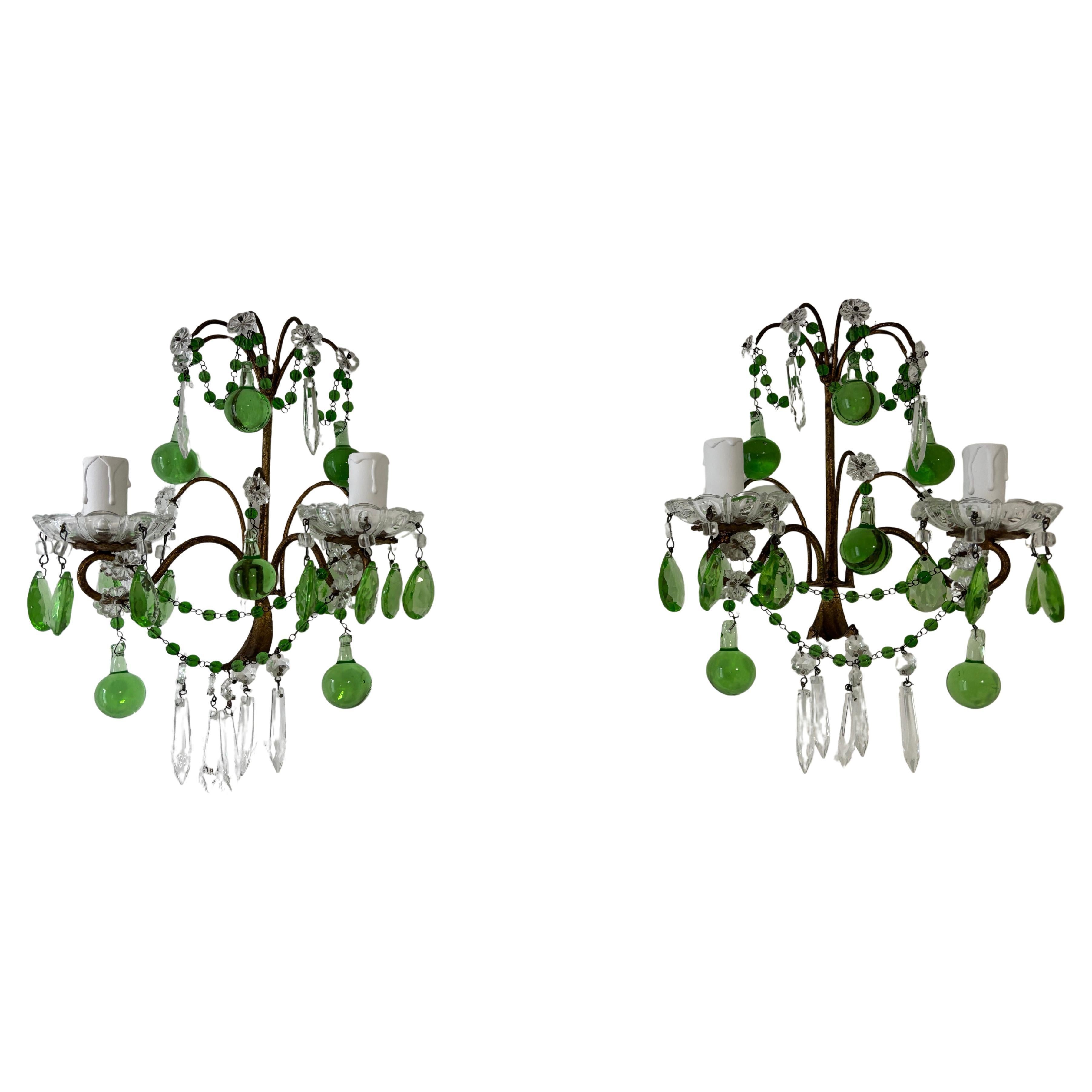 Italian Green Murano Glass Drops, Prisms & Swags Sconces c 1930
