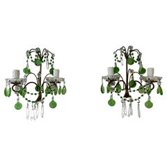 Italian Green Murano Glass Drops, Prisms & Swags Sconces c 1930