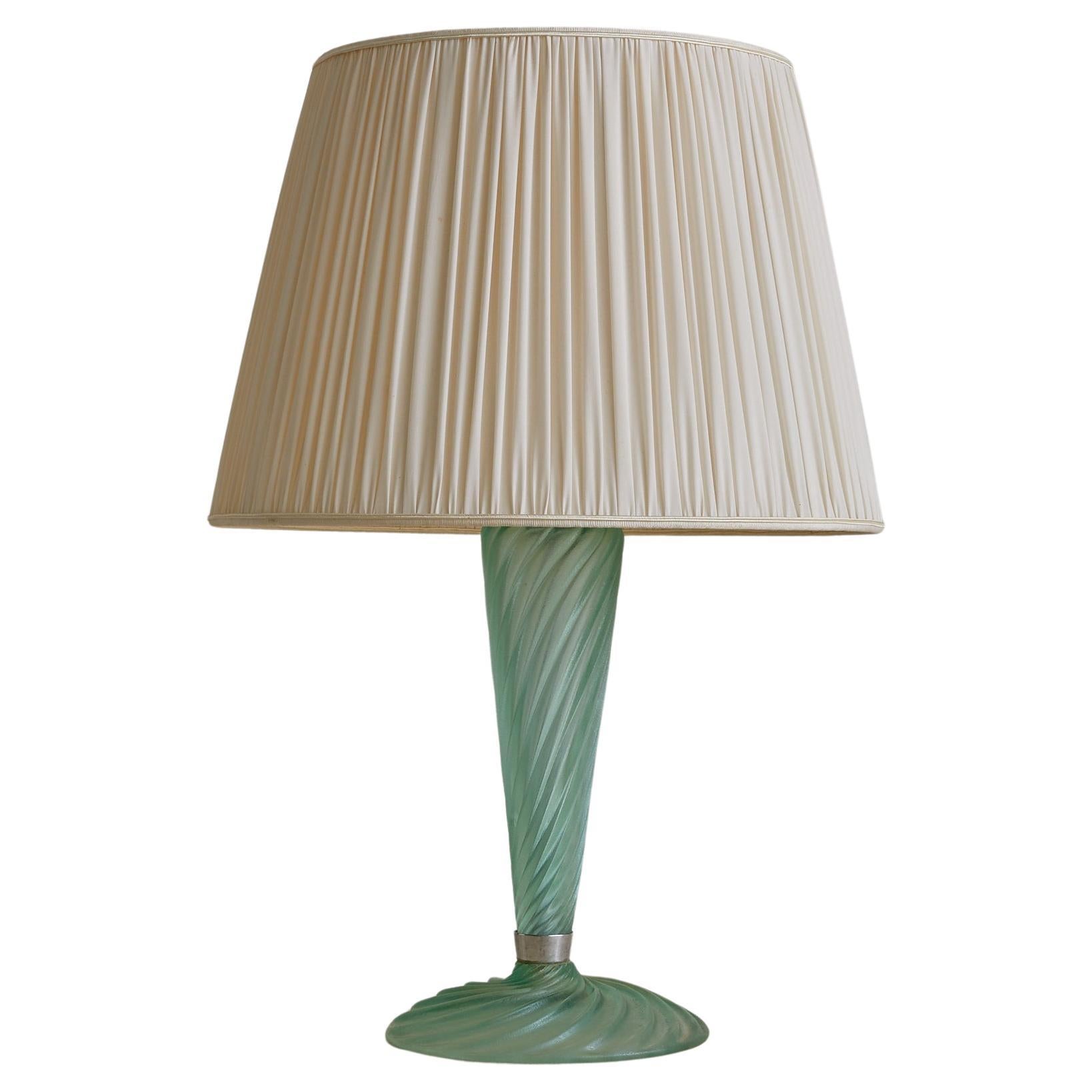 Italian Green Murano Glass Table Lamp with Pleated Shade, 1950s