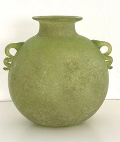 Italian Green Murano Scavo Glass Vase or Amphora, 1970s